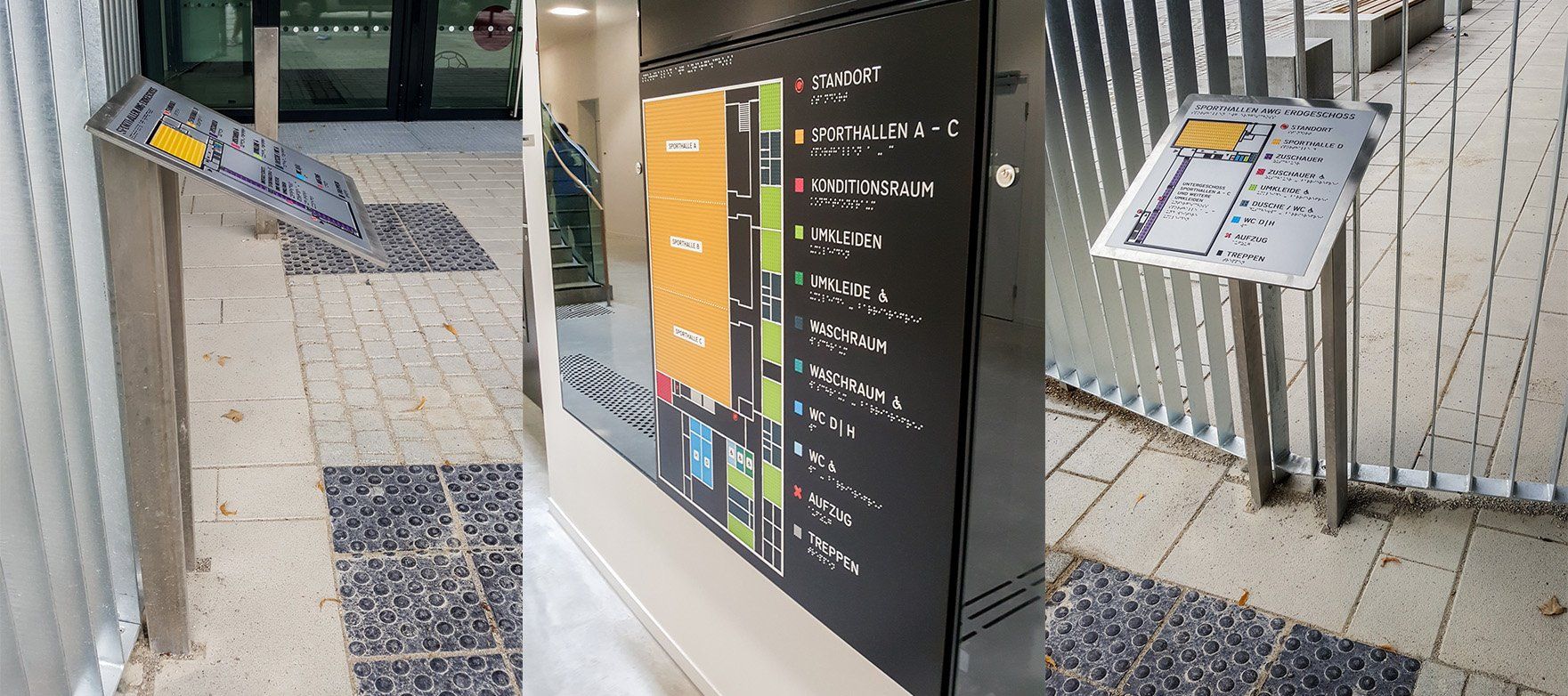 Drei Lagepläne der Sporthalle. Sie fügen sich optisch stimmig in ihre Umgebung ein. Hohe Farbkontraste machen sie gut lesbar