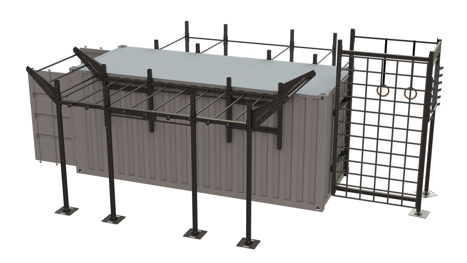 Externally mounted monkey bars, 3 bar wings and dual racks with spere pull up attachments