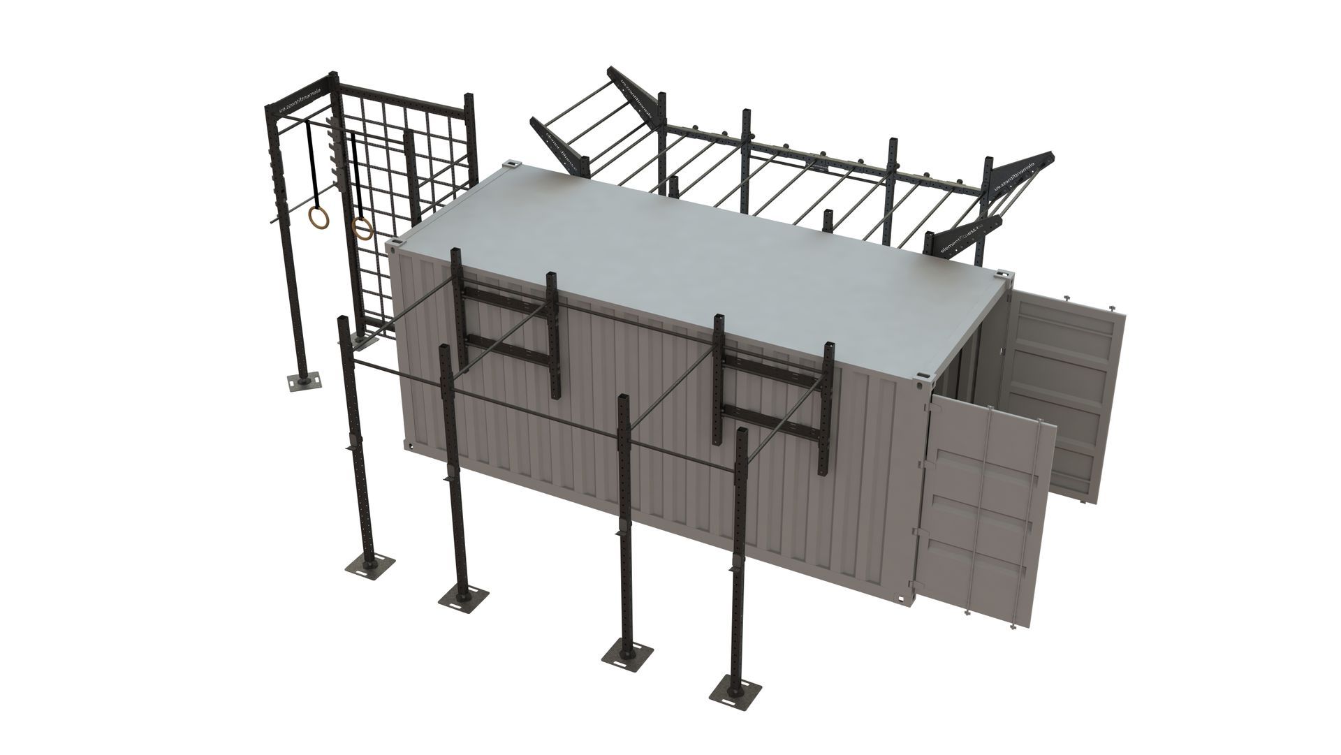 Dual racks multiple pull bars and suspension training attachments with cargo net tower with rack and high rings