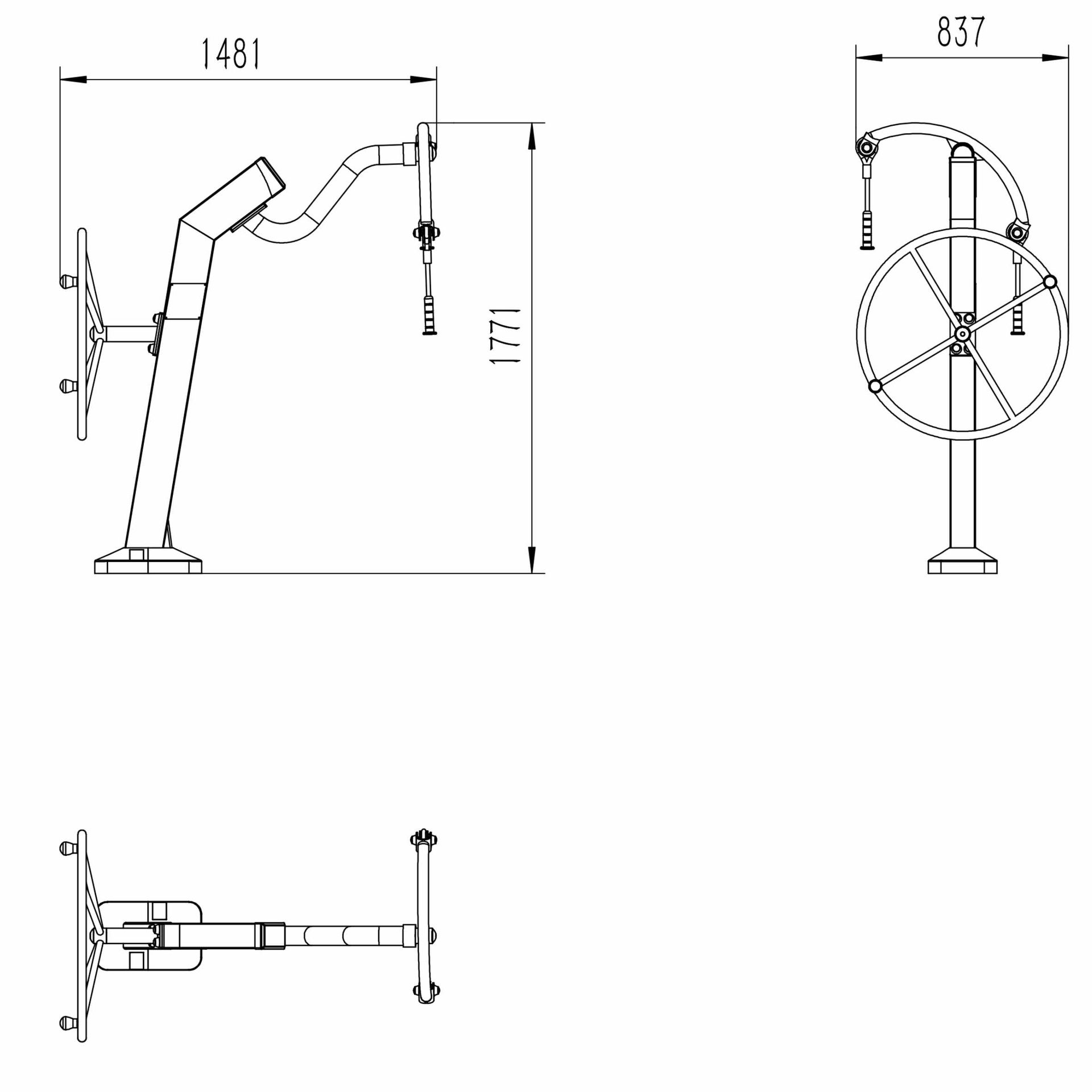 OPTMOT-001 MOTION OUTDOOR DUAL ARM WHEEL STATION AND ARM EXTENSION WHEELCHAIR STATION DIMENSIONS