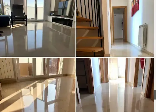 Comparativa de antes y después de un pulido de suelo de mármol en un salón en Barcelona.