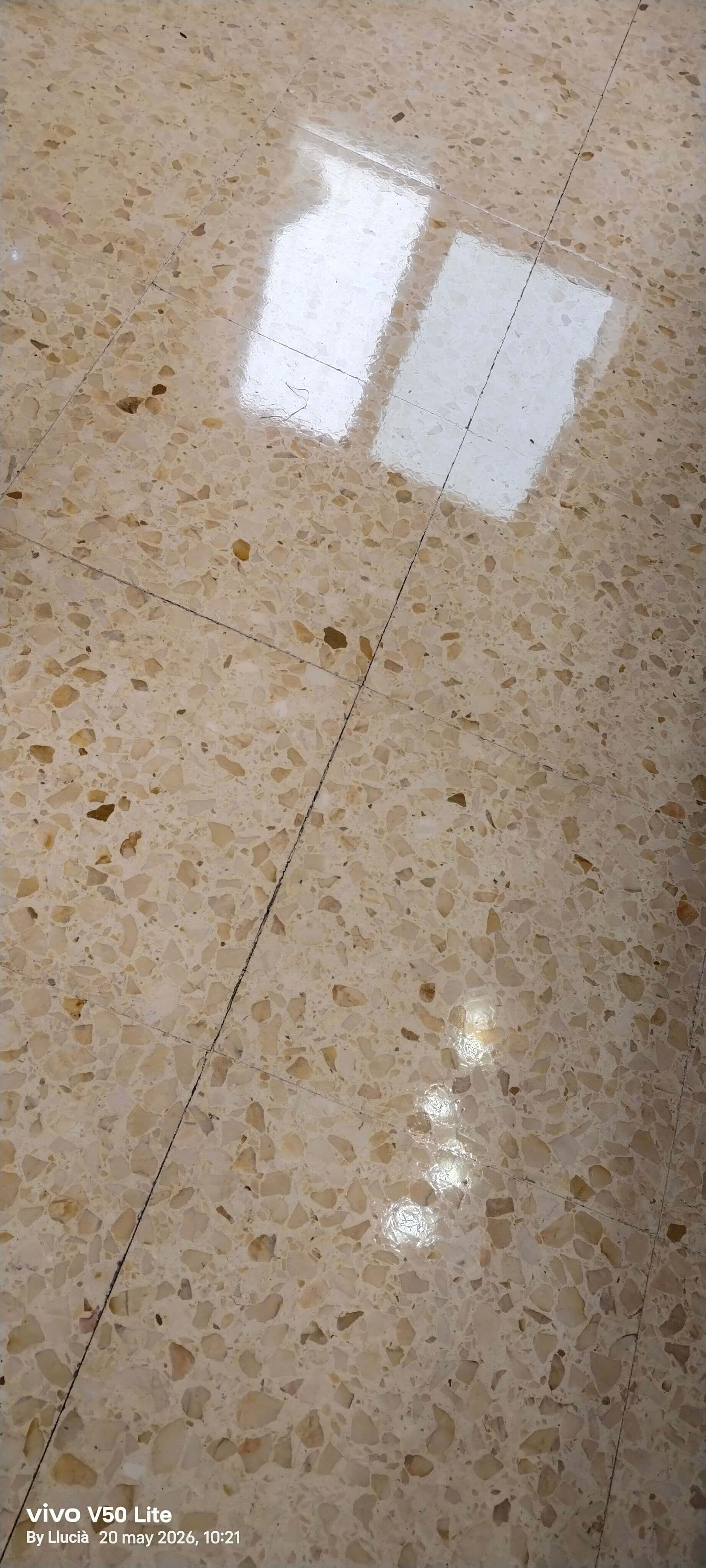 Suelo de terrazo claro abrillantado en casa de un cliente tras alquilar una pulidora.