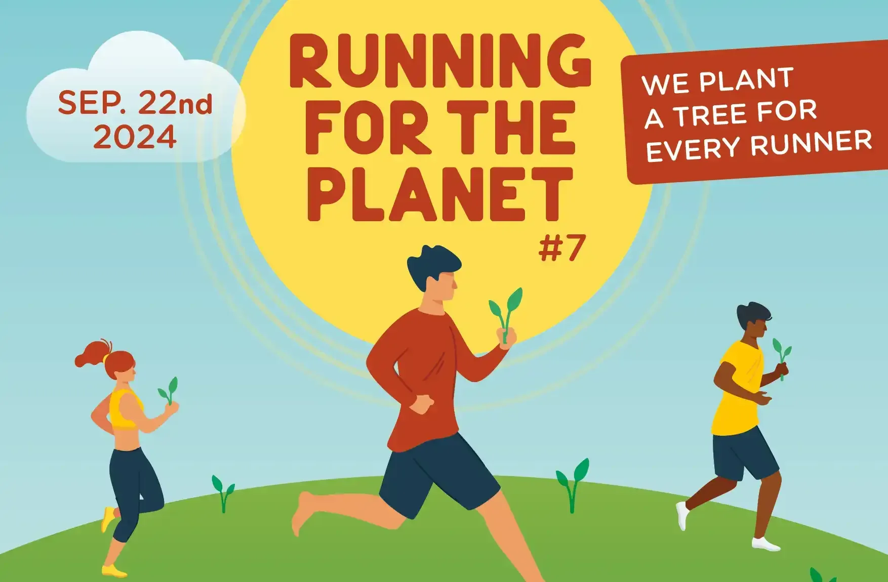 Poster Running for the planet 2024 - Illustration mit laufenden Menschen auf grüner Erdkugel