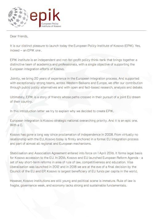 Introduction letter of the EPIK Institute
