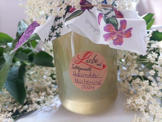 Holunderblütensirup gefülltes Marmeladenglas mit Holunderblüten im Hintergrund