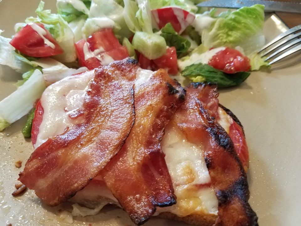 Broiled Tomato and Cheese with Asparagus and Bacon