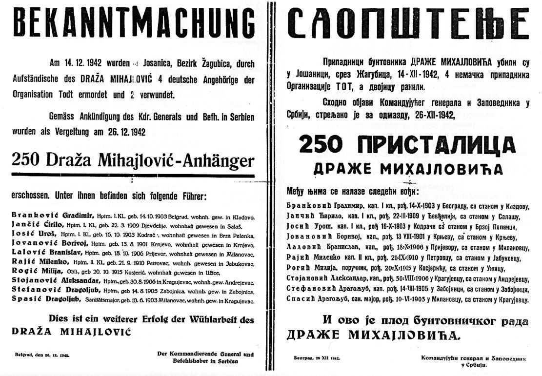 Affiche allemande placardée en Serbie fin 1942 annonçant : ‘’Des membres du groupe terroriste de Draja Mihaïlovic ayant tué le 14 décembre à Yochanitsa 4 membres de l’organisation Todt et blessé 2 autres, en signe de représailles 250 sympathisants de DRAJA MIHAÏLOVIC ont été exécutés le 26 décembre 1942, parmi lesquels…’’