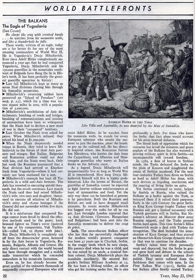 Première page de l'article du Time magazine avec le général Mihaïlovic en couverture du numéro de mai 1942