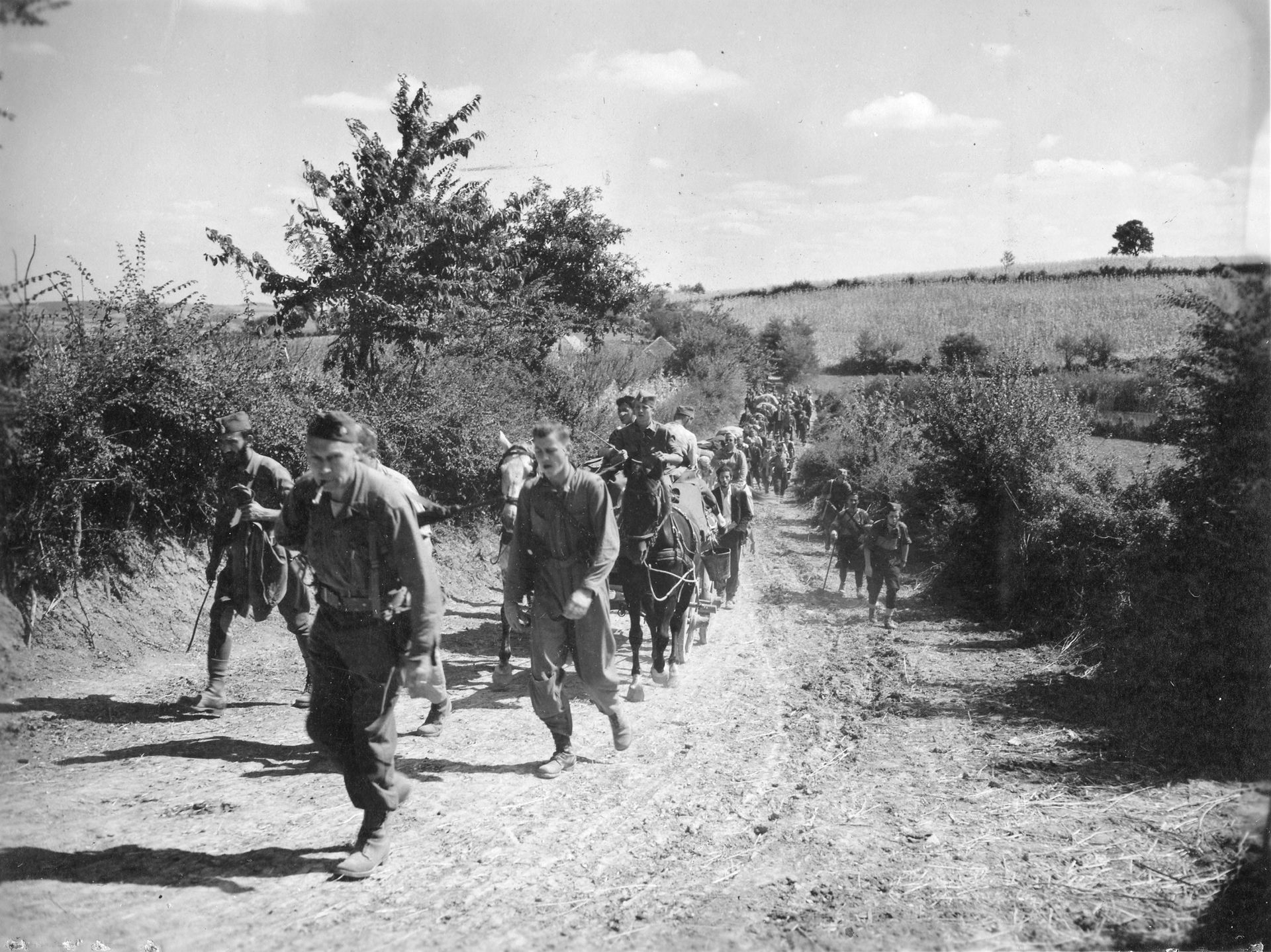 Quelque part dans l'ouest de la Serbie, entre le 10 et le 17
septembre 1944. A la tête de la colonne, le Col. McDowell. (NARA.)
