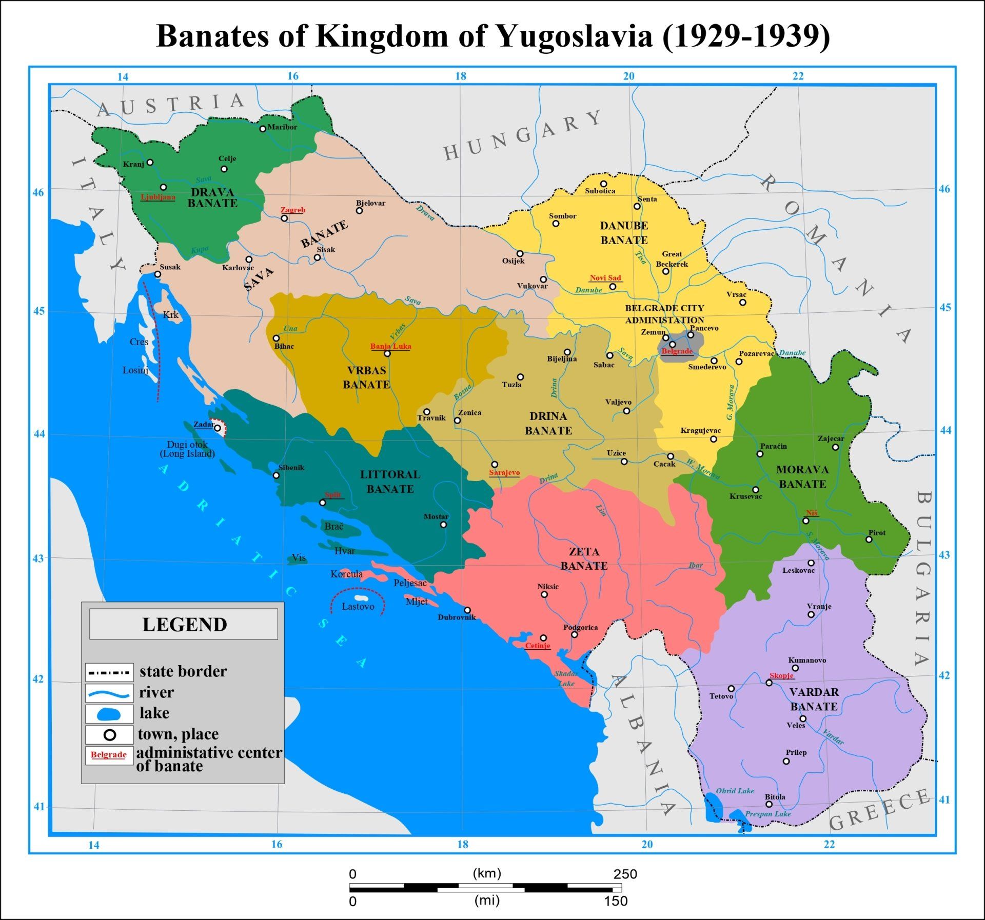 Carte des banovines du Royaume de Yougoslavie