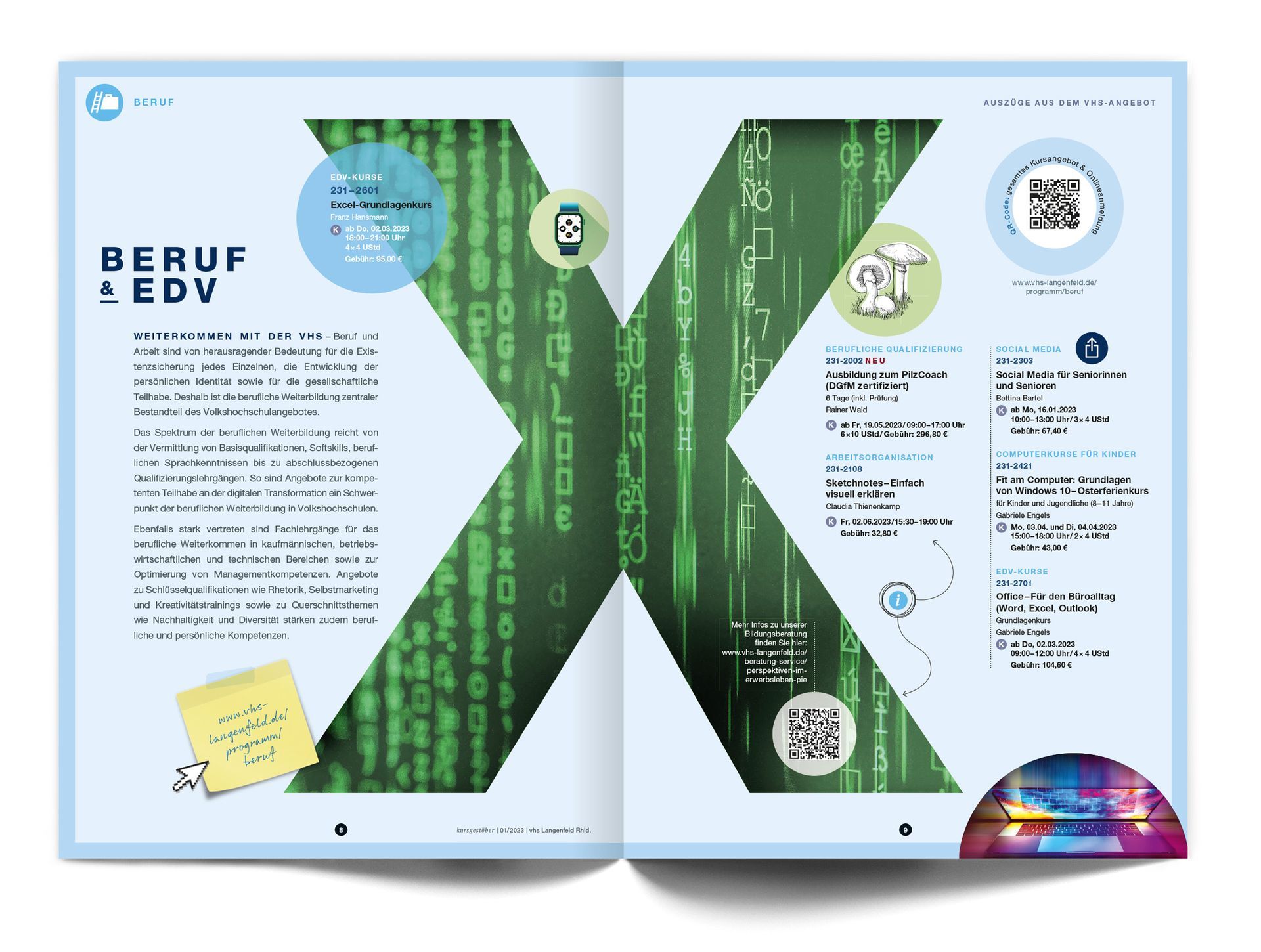Doppelseite „Beruf & EDV“ Doppelseite des VHS-Magazins „Kursgestöber“ mit dem Fachbereich „Beruf & EDV“. Es sind ausgewählte Kursvorschläge zu sehen, wie auch eine Grafik des Großbuchstabens „X“, der auf einen Excel-EDV-Kurs aufmerksam macht.