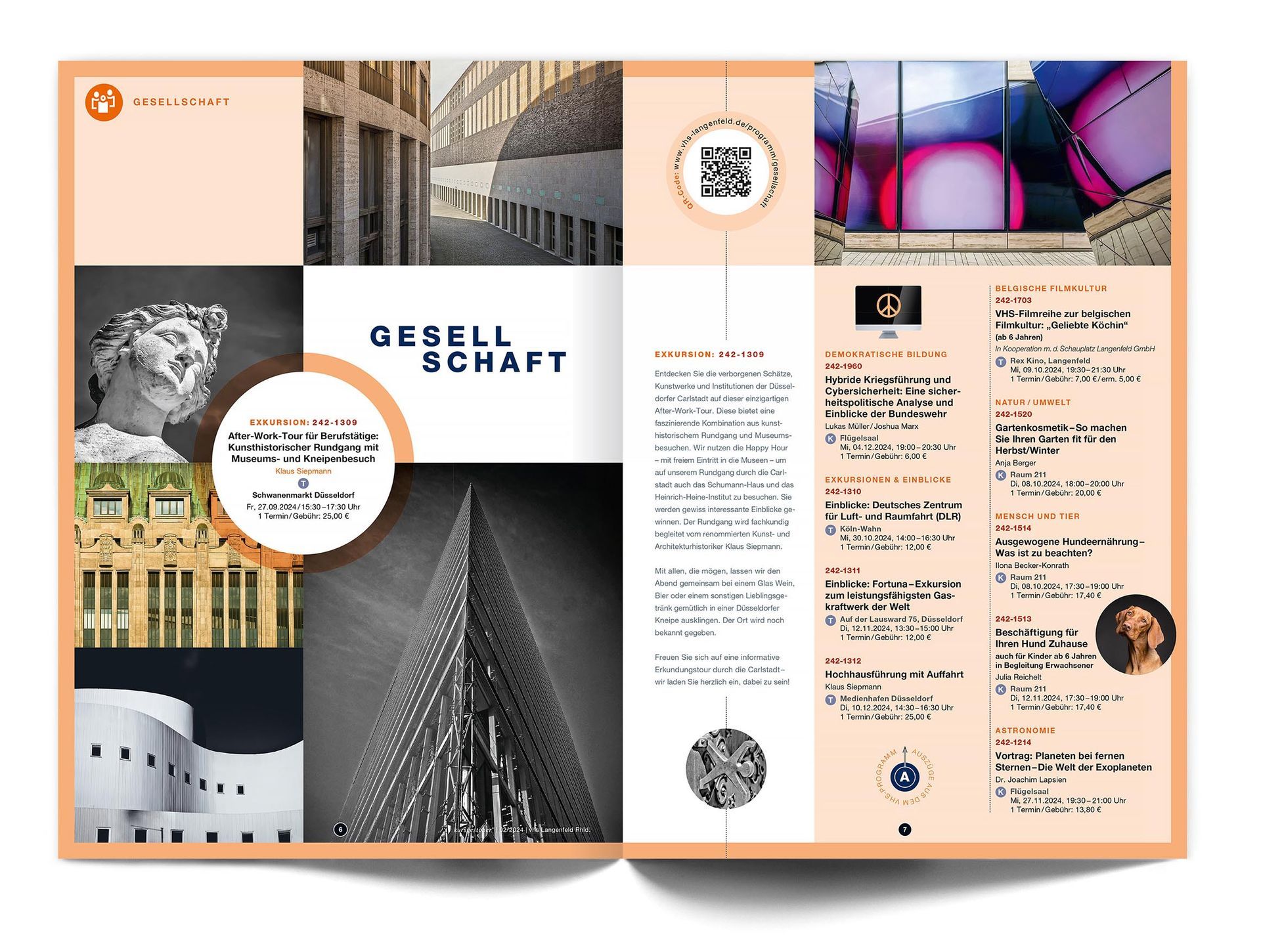 Doppelseite „Gesellschaft“ Das Doppelseitenlayout des VHS-Magazins ‚Kursgestöber‘ für den Fachbereich ‚Gesellschaft‘ zeigt Fotos bekannter Düsseldorfer Gebäude, die sich rasterförmig über beide Seiten verteilen und so auf die VHS-Stadt-Exkursion aufmerksam machen.