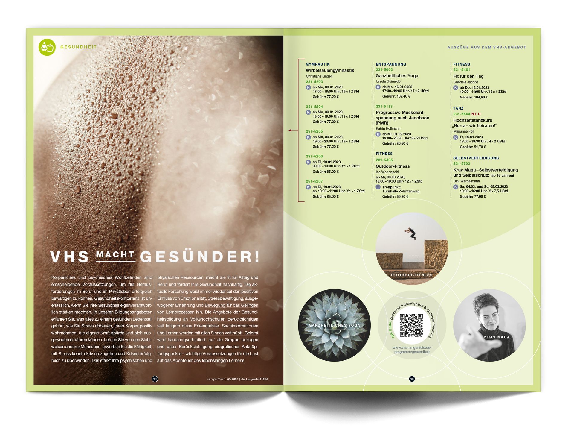 Doppelseite „Gesundheit“ Doppelseite des VHS-Magazins „Kursgestöber“ mit dem Fachbereich „Gesundheit“. Es sind ausgewählte Kursvorschläge zu sehen, wie auch ein ganzflächiges Foto einer Rückenansicht, das auf einen Kurs für Rückengymnastik aufmerksam macht.