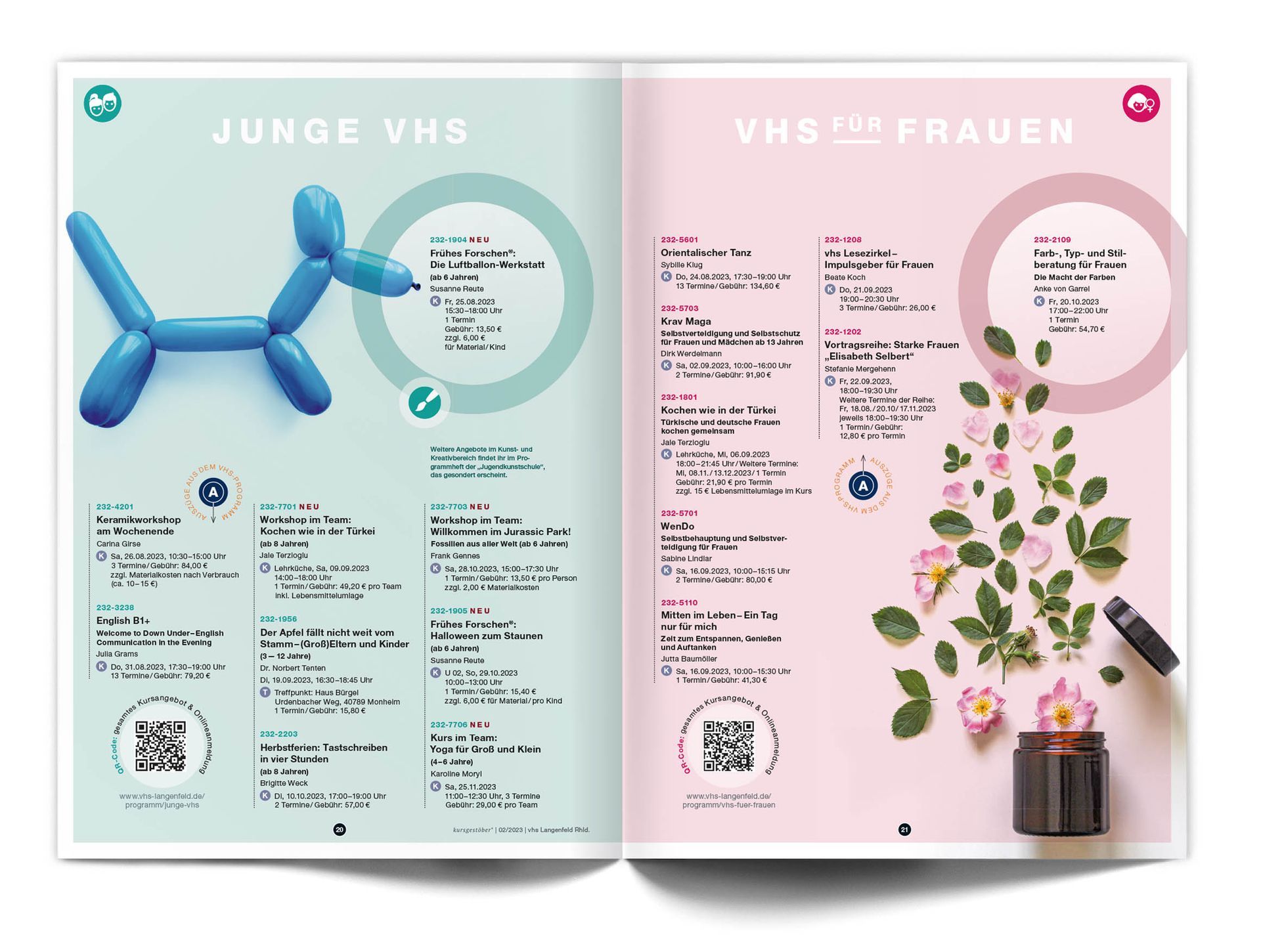 Doppelseite „Junge VHS & VHS für Frauen“ Doppelseite des VHS-Magazins ‚Kursgestöber‘ mit den Fachbereichen ‚Junge VHS‘ und ‚VHS für Frauen‘. Die linke Seite präsentiert die Angebote der ‚Jungen VHS‘ vor einem hellblaugrünen Hintergrund. Das Hauptfoto zeigt einen Hund, der aus blauen Luftballons geformt ist. Die rechte Seite ist in hellrosafarbenem Hintergrund gehalten und zeigt ein Foto eines braunen Kosmetikglases, aus der Blüten und Blätter hervortreten.