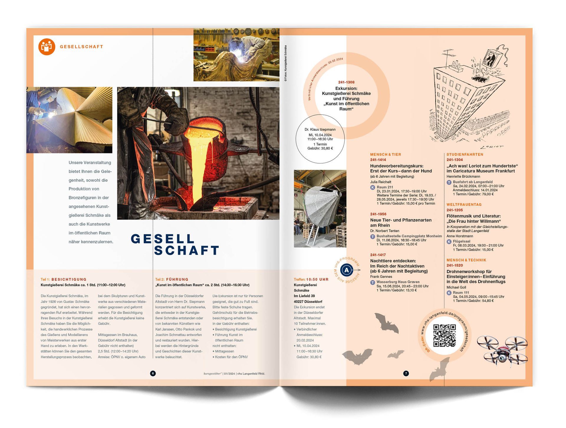 Doppelseite „Gesellschaft“ Das Layout einer Doppelseite des VHS-Magazins ‚Kursgestöber‘ für den Fachbereich ‚Gesellschaft‘ präsentiert auf der linken Seite Reportagefotos einer Betriebsbesichtigung bei einer Firma, die sich auf die technische Umsetzung für Künstler spezialisiert hat. Auf der rechten Seite wechseln sich die Textbausteine für Kursempfehlungen mit frei angeordneten Grafiken ab.