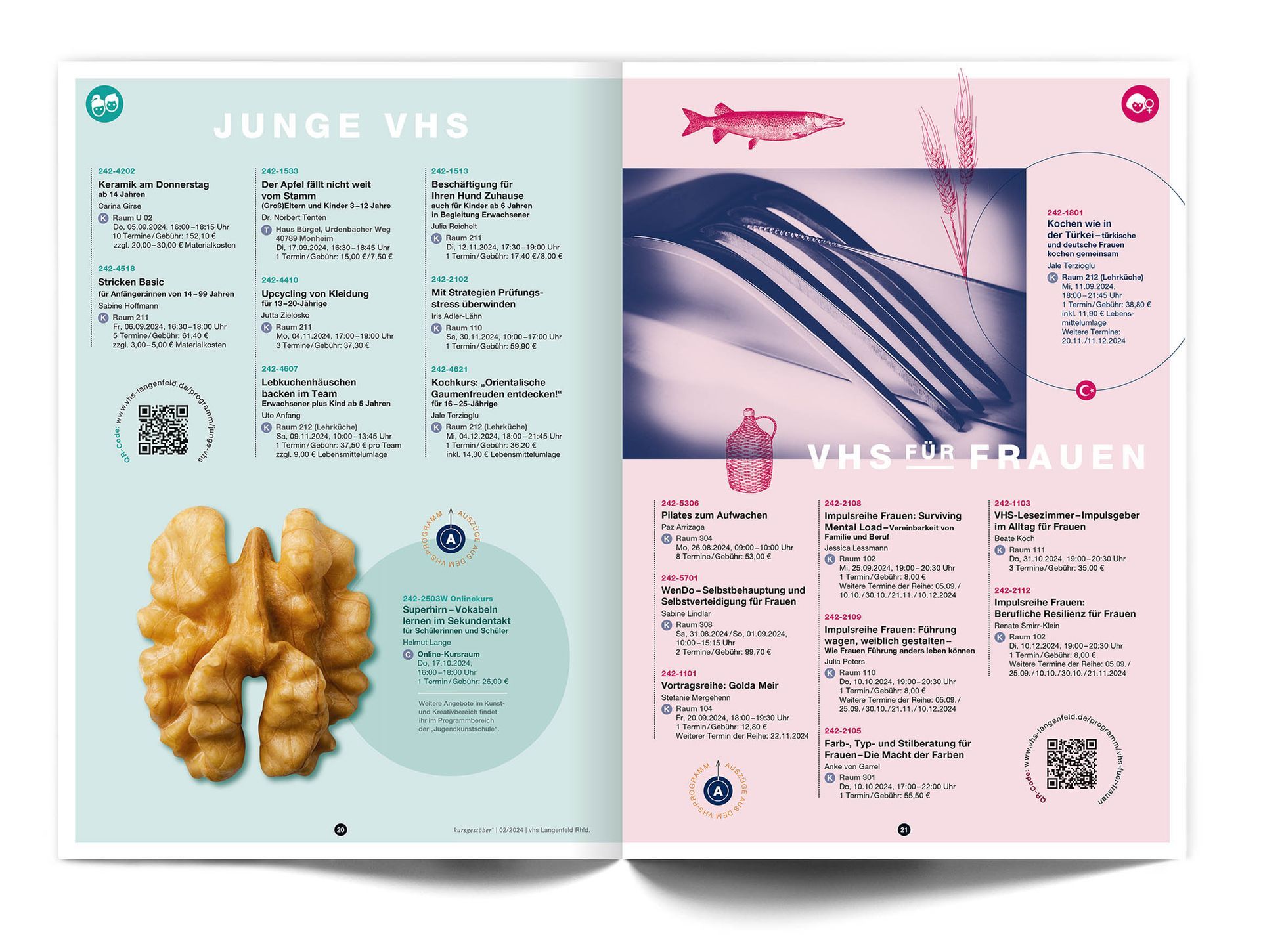 Doppelseite „Junge VHS & VHS für Frauen“ Das Doppelseitenlayout des VHS-Magazins ‚Kursgestöber‘ für die Sonderzielgruppen „Junge VHS & VHS für Frauen“, mit jeweiligen Kursangeboten und Bebilderung. Auf der linken Seite für junge VHS-Besucher ist ein Foto einer Walnuss zu sehen, das zum Kurs „Superhirn – Vokabeln lernen“ Bezug nimmt. Auf der rechten Seite für Frauen wird ein türkischer Kochkurs angeboten und collageartig mit Illustrationen gestaltet.