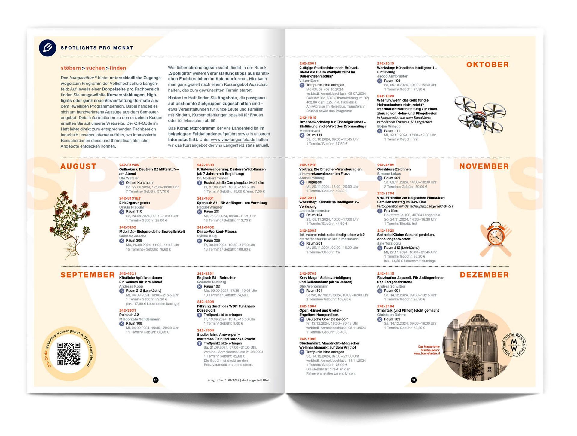 Doppelseite „Spotlight“ Das Doppelseitenlayout des VHS-Magazins ‚Kursgestöber‘ mit der Kalenderansicht „Spotlight“, die pro Monat des Semesters ausgesuchte Kursangebote darstellt.