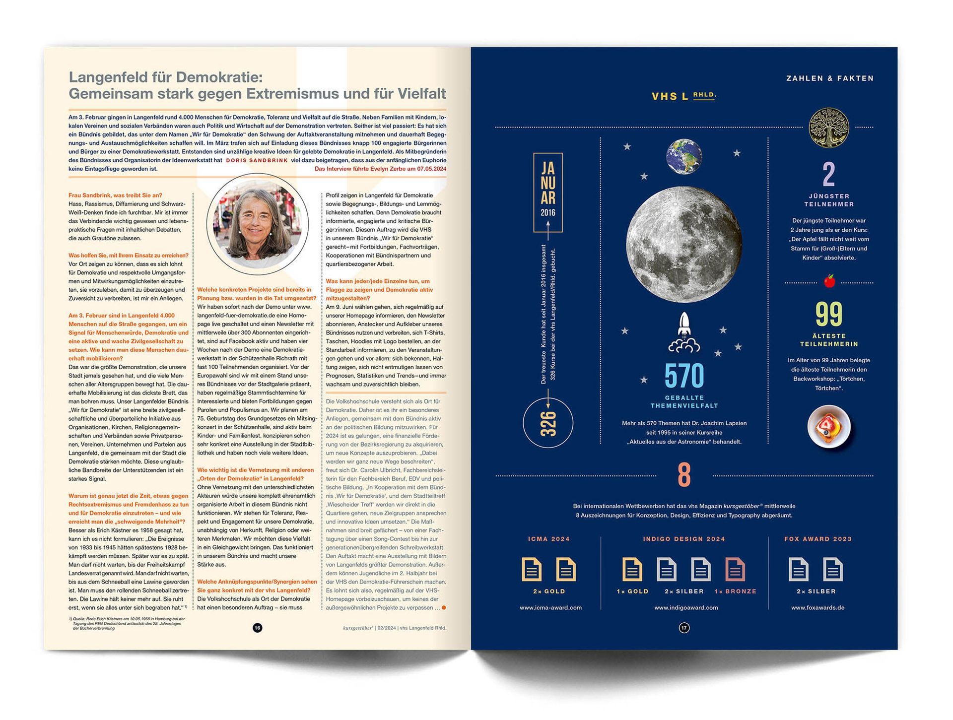 Doppelseite „Zahlen und Fakten“ Das Doppelseitenlayout des VHS-Magazins ‚Kursgestöber‘ mit der Rubrik „Zahlen und Fakten“ auf der rechten Seite, links steht ein Interview.