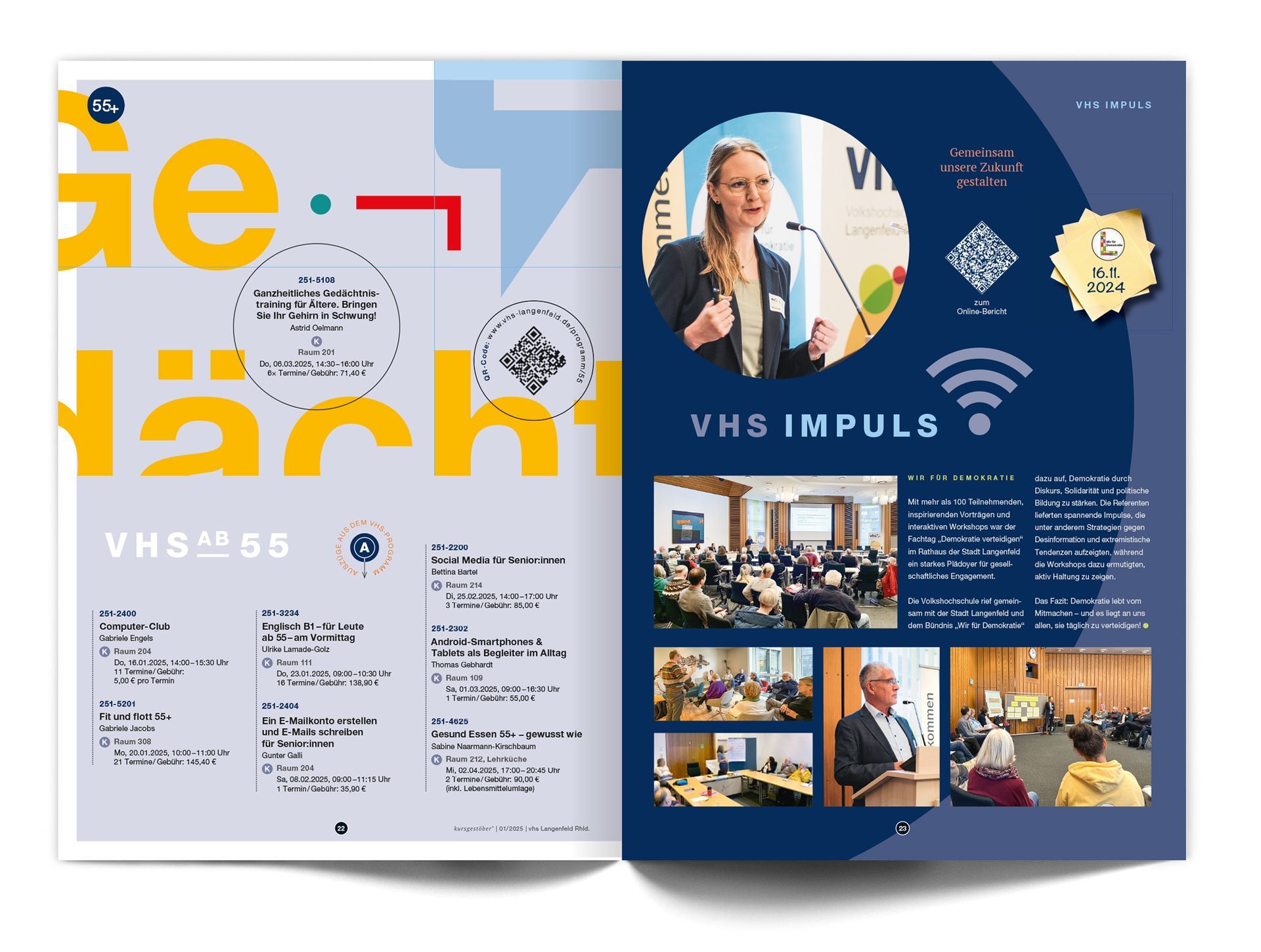 Doppelseite „VHS 55+ und  VHS Impuls“ Layout einer Doppelseite des VHS-Magazins ‚Kursgestöber‘ für die Zielgruppe ‚VHS ab 55‘ auf der linken Seite und die Rubrik ‚VHS Impuls‘ auf der rechten Seite. Auf der linken Seite dominiert eine Grafik, die das Wort ‚Gedächtnis‘ darstellt und die obere Hälfte der Seite ausfüllt. Die rechte Seite berichtet mit Fotos und Texten über eine gut besuchte öffentliche VHS-Veranstaltung, die mit Referenten und Workshops durchgeführt wurde.
