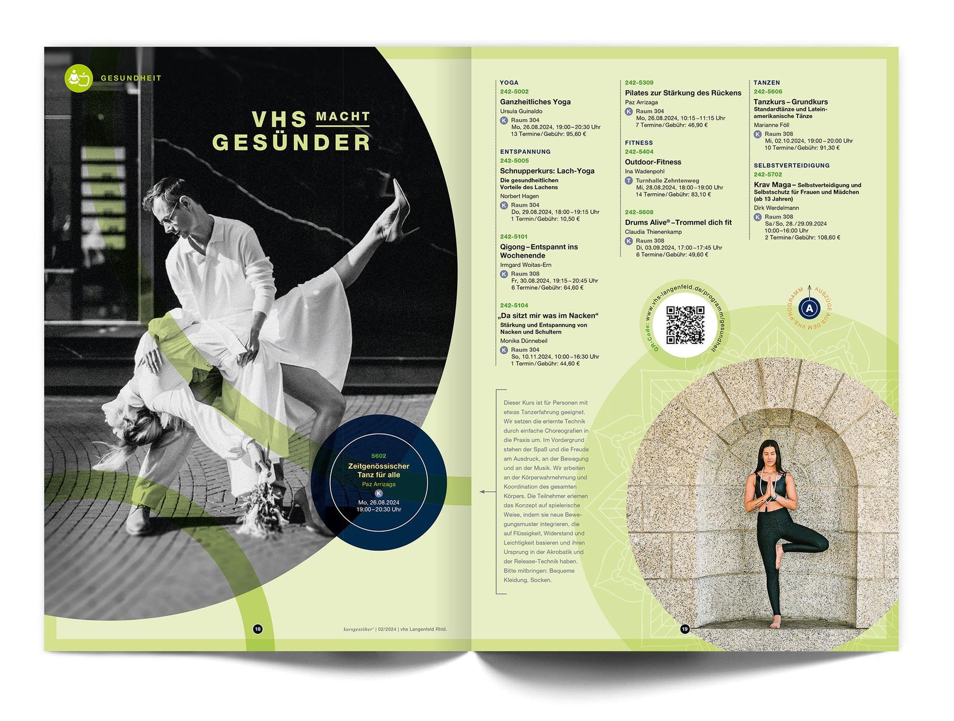 Doppelseite „Gesundheit“ Das Doppelseitenlayout des VHS-Magazins ‚Kursgestöber‘ für den Fachbereich ‚Gesundheit‘ zeigt auf der linken Seite ein Schwarzweißfoto eines Tanzpaares für den VHS-Kurs „Zeitgenössischer Tanz“. Auf der rechten Seite ist ein rundes Foto einer jungen Frau zu sehen, die eine Yogaübung auf einem Bein absolviert. Darüber stehen in drei Spalten die VHS-Kurse auf hellgrüner Hintergrundfarbe.