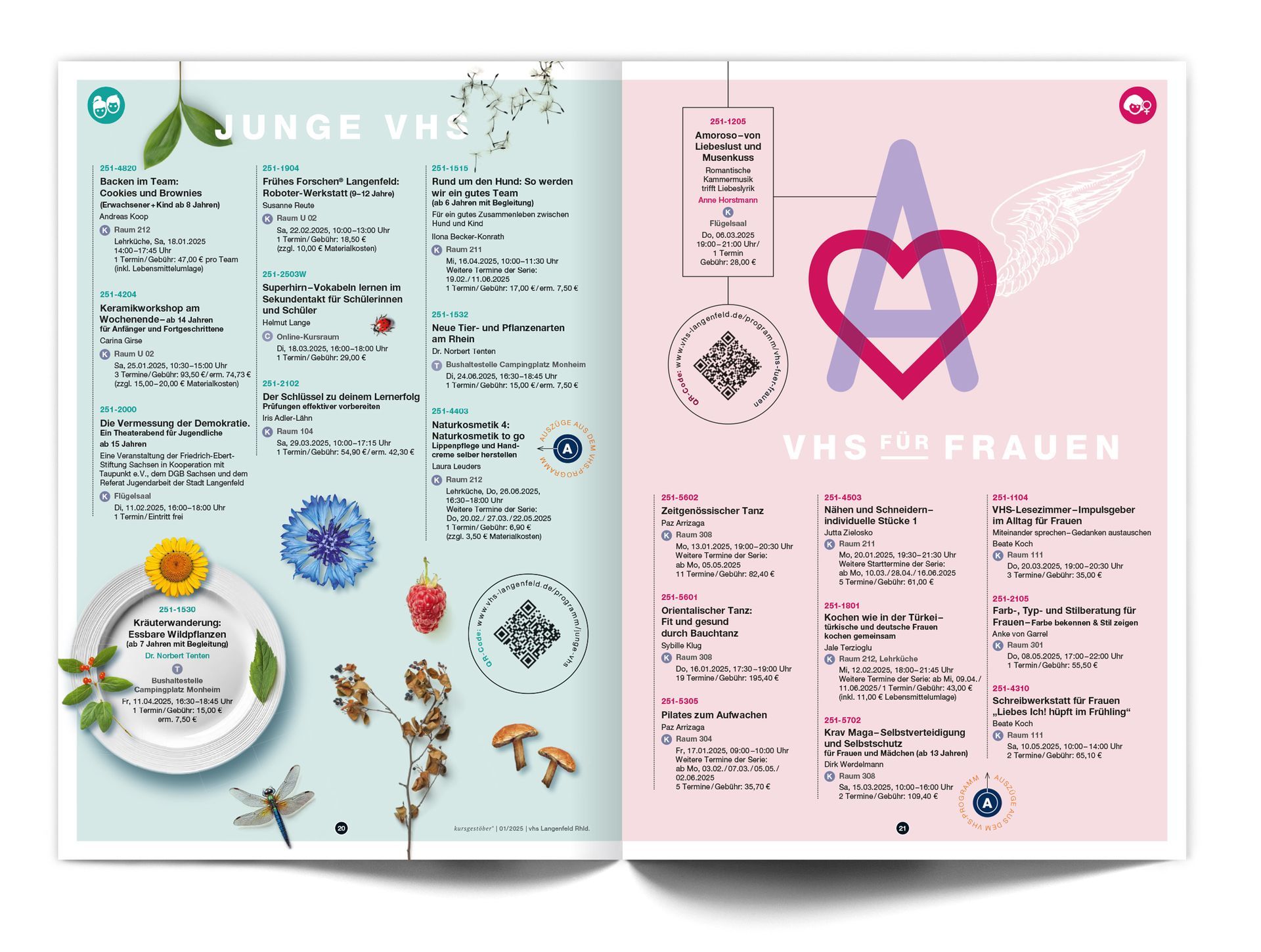 Doppelseite „Junge VHS & VHS für Frauen“ Das Doppelseitenlayout des VHS-Magazins ‚Kursgestöber‘ für die Fachbereiche ‚Junge VHS‘ und ‚VHS für Frauen‘ zeigt auf der linken Seite Bilder von Kräutern, Blumen und wilden Früchten, die auf der ganzen Seite verteilt sind und auf die VHS-Exkursion einer Kräuterwanderung hinweisen. Auf der rechten Seite werden VHS-Kurse nur für Frauen angeboten.