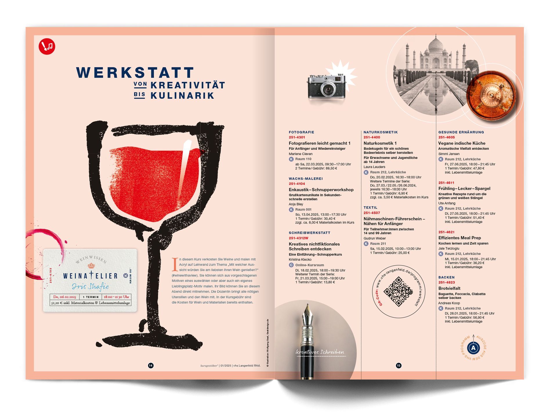 Doppelseite „Werkstatt“ Layout einer Doppelseite des VHS-Magazins ‚Kursgestöber‘ zum Fachbereich „Werkstatt“. Auf der linken Seite ist eine künstlerische Illustration eines Rotweinglases abgebildet und lädt zum VHS-Kurs ein, bei dem es sowohl um das Probieren unterschiedlicher Weine als auch um das Malen geht. Auf der rechten Seite sind Fotos collageartig zu den vorgeschlagenen VHS-Kursen angeordnet.