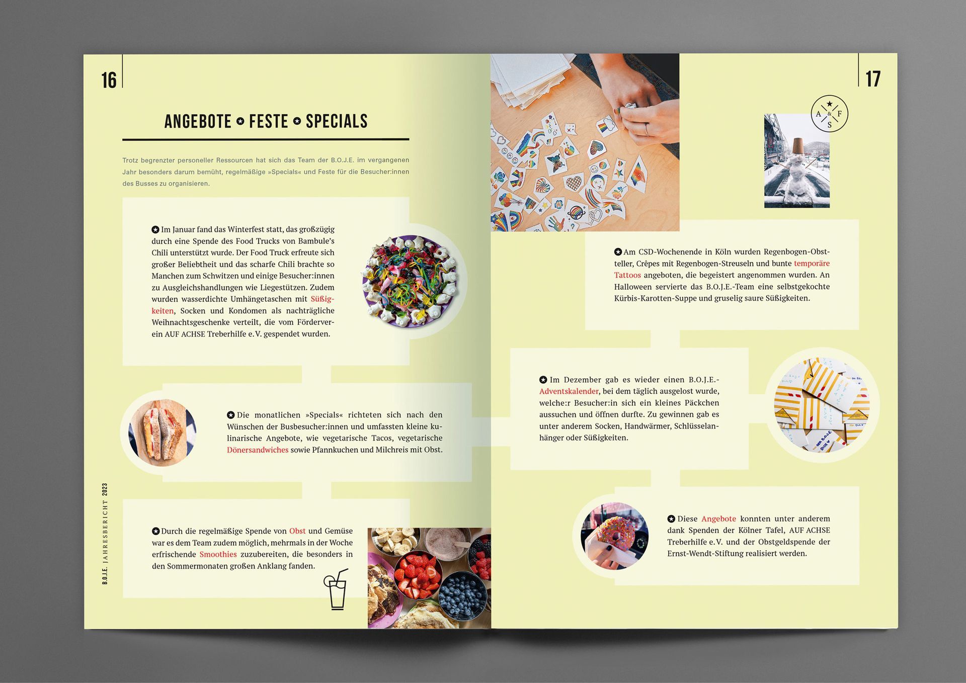 B.O.J.E.-JB-2023 Doppelseite des B.O.J.E.-Jahresberichts 2023 mit der Rubrik „Angebote, Feste, Specials“.