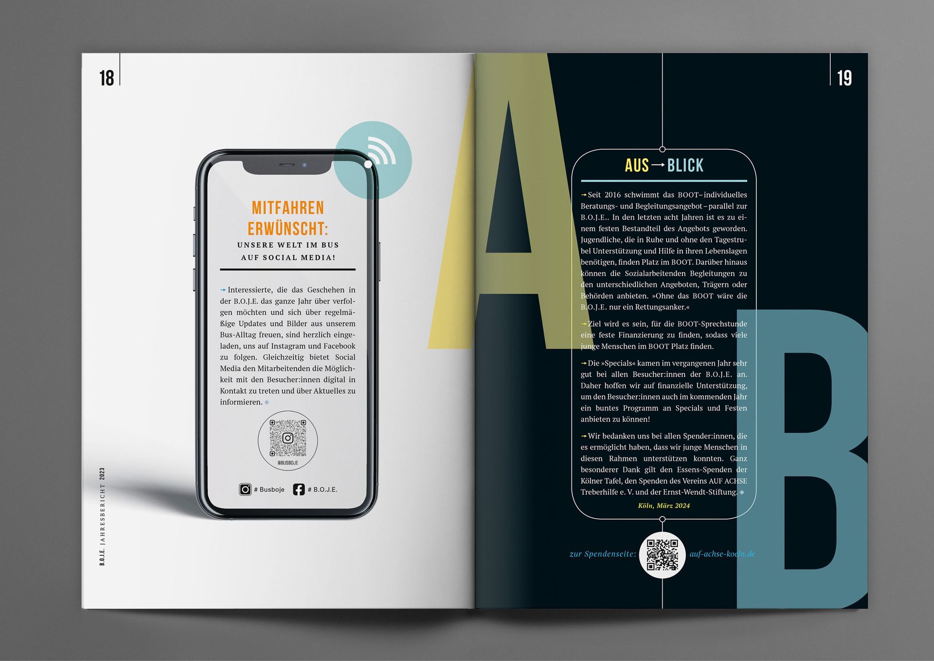 B.O.J.E.-JB-2023 Doppelseite des B.O.J.E.-Jahresberichts 2023 mit einem Artikel über B.O.J.E.-Social Media und einem Ausblick in die Zukunft der B.O.J.E.