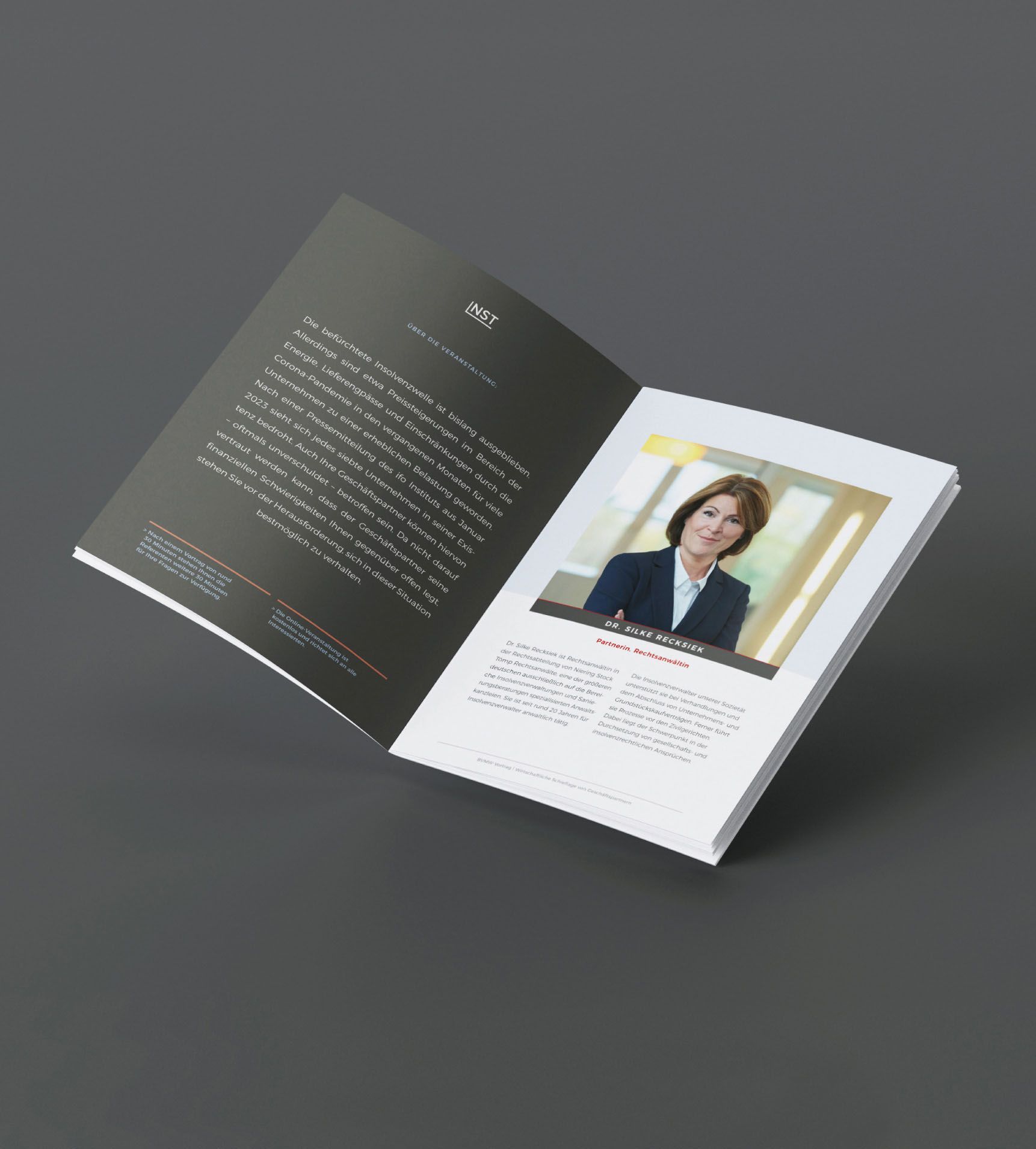 NST-Booklet Doppelseite eines NST-Booklets. Linke Seite: weißer Textblock auf dunkelgrauem Grund. Rechte Seite: halbseitiges Porträtbild mit darunter stehendem Text auf weißem Grund.