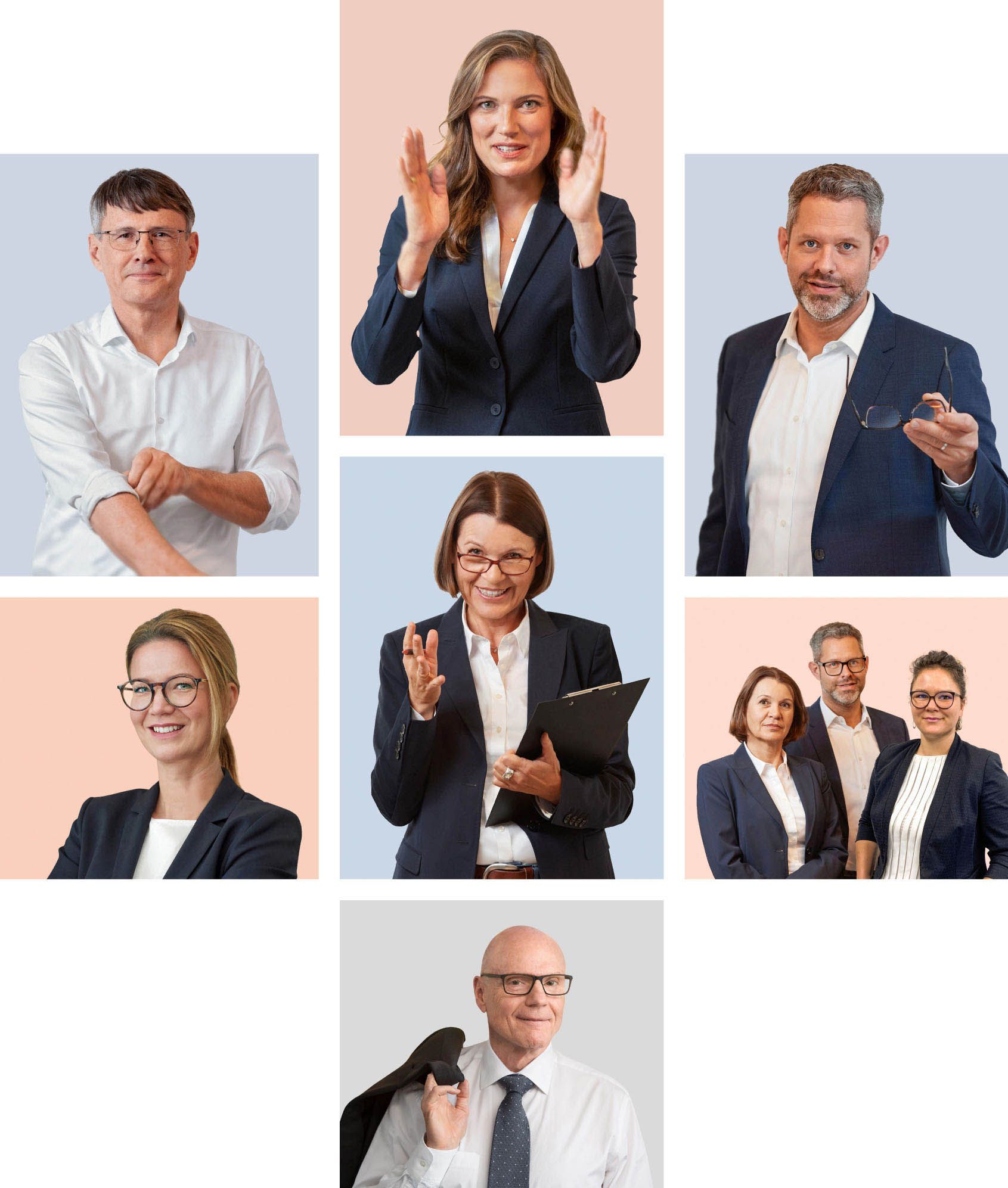 Headerfotos Sechs Portraitfotos von NST-Mitarbeitern, Gründern und Partnern, abwechselnd vor hellrotem oder hellblauer Hintergrundfarbe. Die Bekleidung besteht jeweils aus einem weißen Hemd und einem dunkelblauen Jacket. Die Personen sind mit Blickkontakt dem Bildbetrachter zugewand.