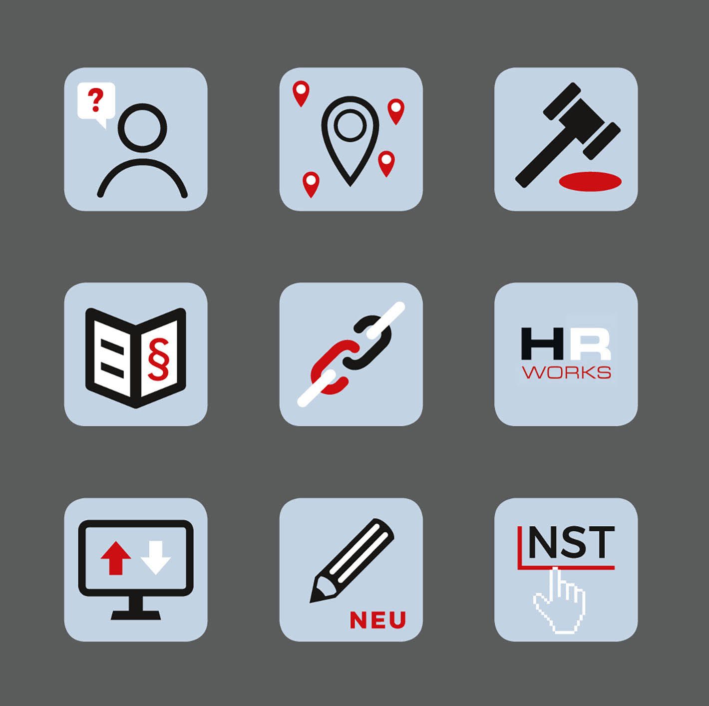 NST-Icons Neun Icons sind jeweils in einem hellblauen Quadrat platziert und in Dreierreihen vor dunkelgrauem Hintergrund angeordnet. Die Motive haben Bezüge zu rechtsanwalttypischen Themen. Sie sind dreifarbig gestaltet, mit Rot, Schwarz und Weiß.
