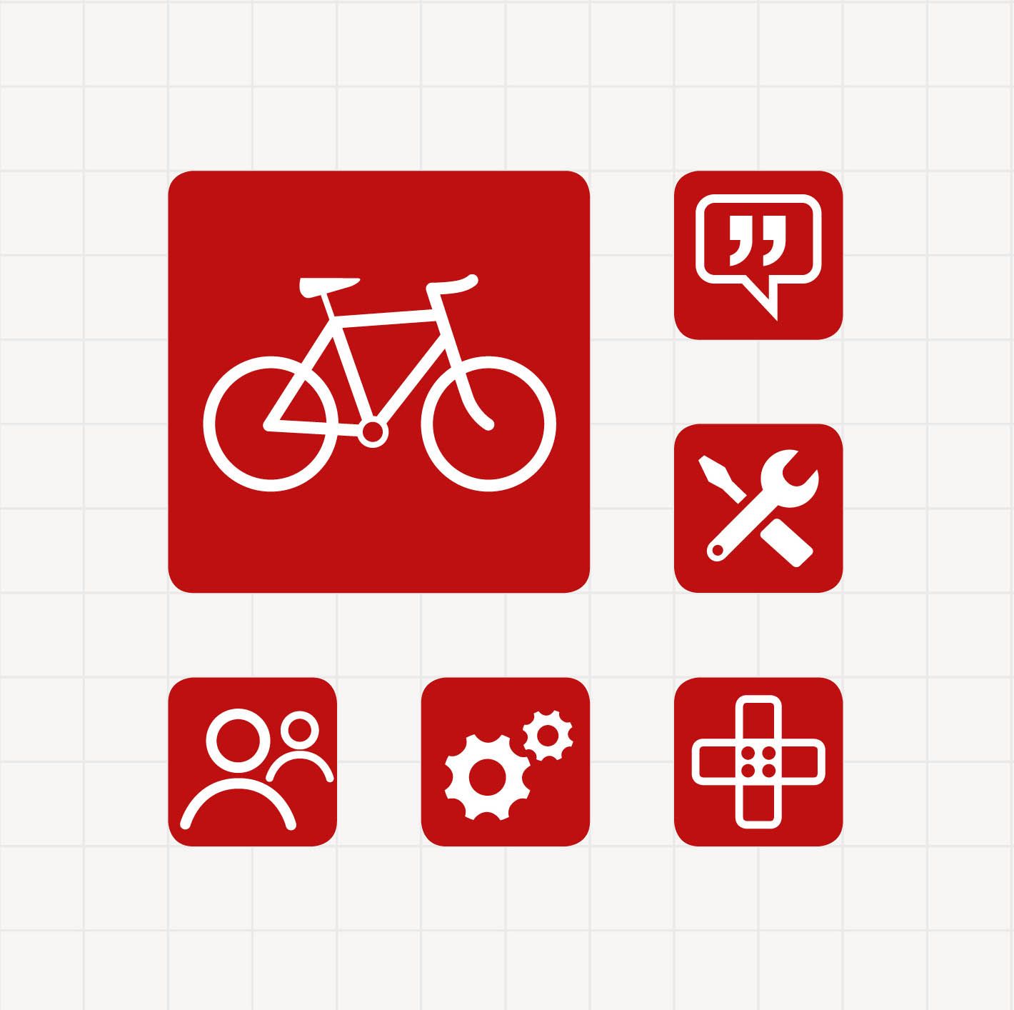 NST-Icons, rot Sechs weiße NST-Icons, jeweils in einem roten Quadrat. Motive wie Fahrrad, Pflaster, Werkzeug, Sprechblase usw. bilden die Themen rund um das Arbeitsleben in einer Kanzlei ab.