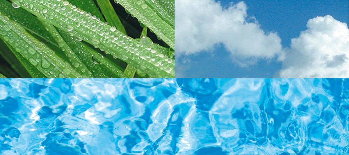 Rheinbad-Farbschema Drei verschachtelte Fotos leiten das Rheinbad-Farbschema ab. 1. grünes Gras, 2. hellblauer Wolkenhimmel, 3. blaue Wasserfläche