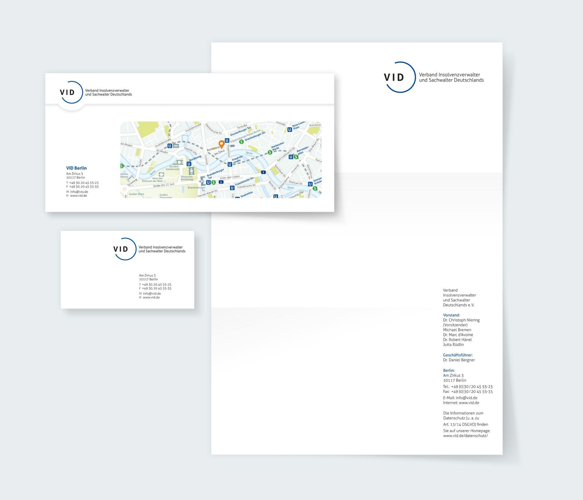 VID Briefpapier VID-Briefpapierausstattung bestehend aus einem Briefbogen, einer Visitenkarte und einer DIN-lang-Karte mit Anfahrtsskizze.