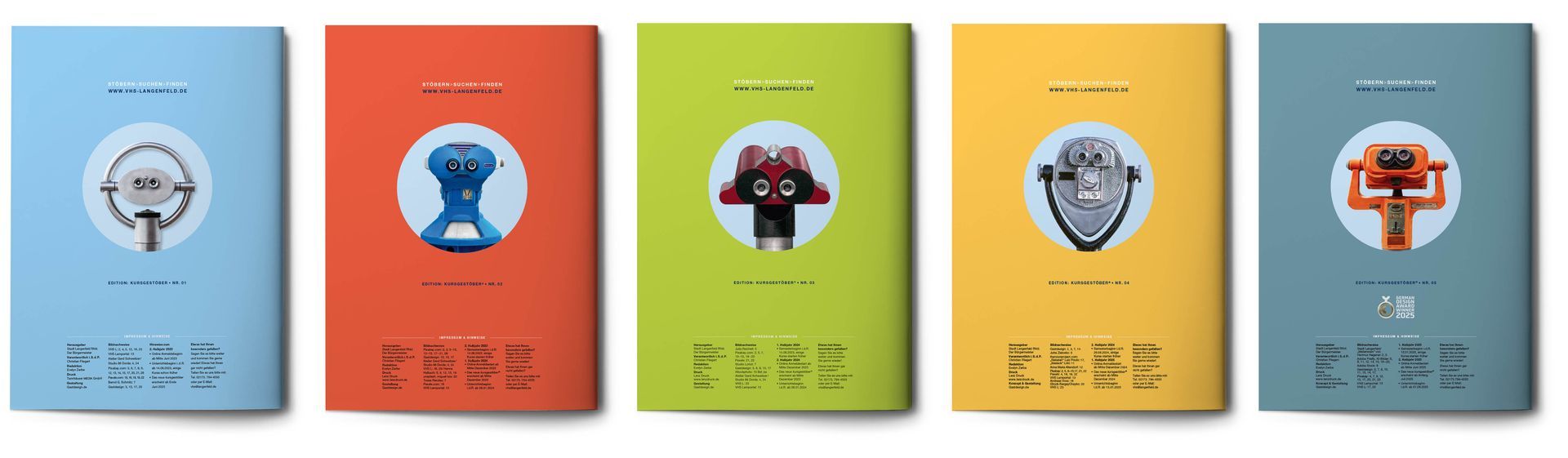 Ansicht Rückseiten Es sind insgesamt fünf Rückseiten des VHS-Magazins zu sehen, die nebeneinander liegen.