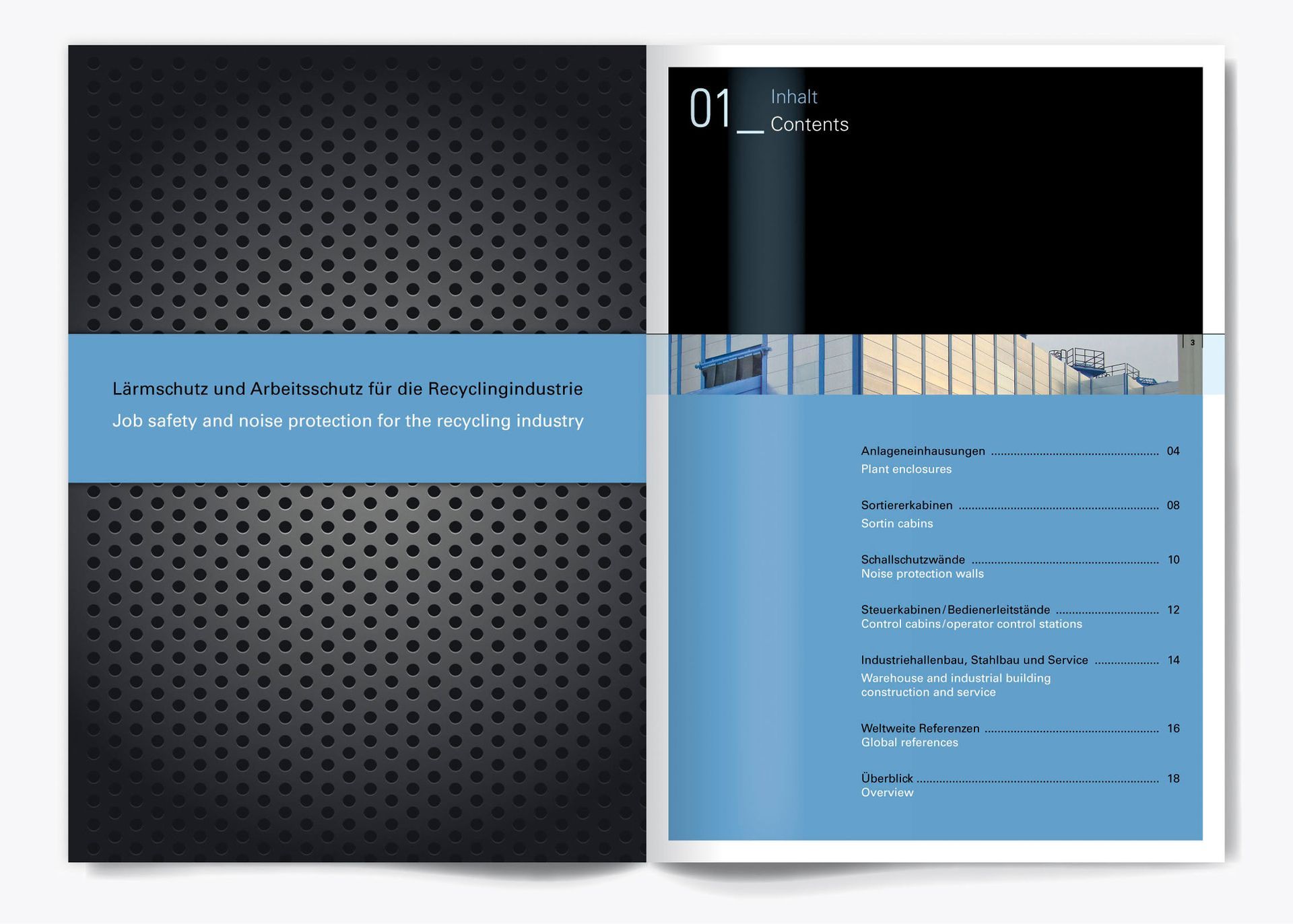 ilg Broschüre, Inhaltsseite ilg Broschüre, Doppelseite, Inhaltsangabe, links Seite, ganzseitiges schwarzes Lochblech, rechte Seite, Inhaltsangabe mit einem schmalen Foto einer Detailanschicht einer Einhausungsfassade.