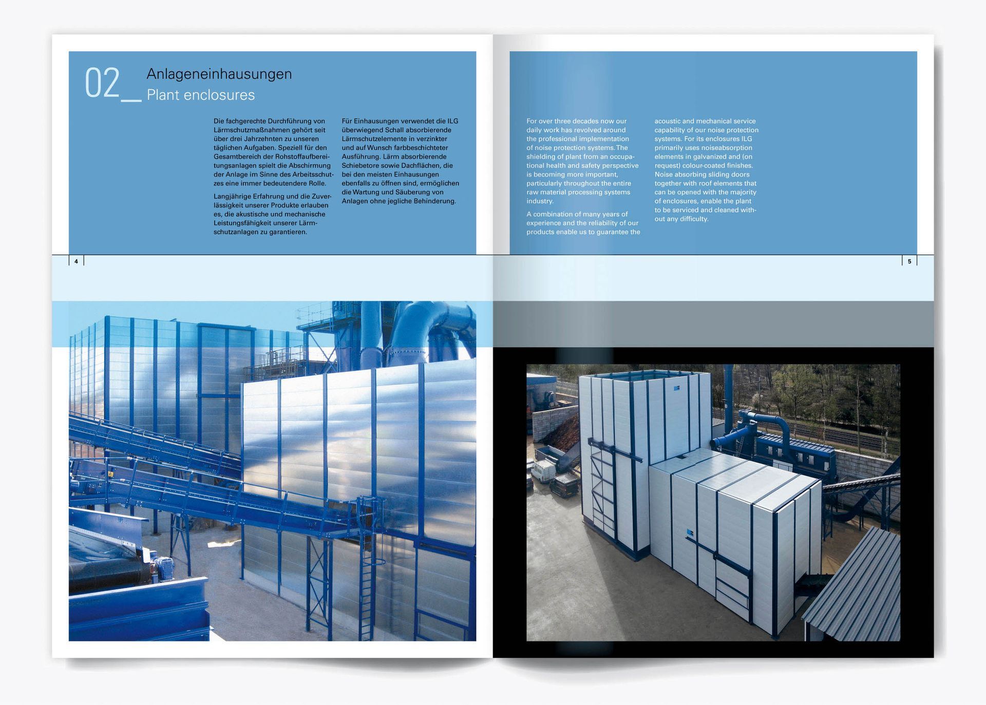 ilg Broschüre, Einhausungen ilg Broschüre, Doppelseite zum Thema Einhausungen, zweisprachiger Text, in deutscher und englischer Sprache, zwei Anlagenfotos.