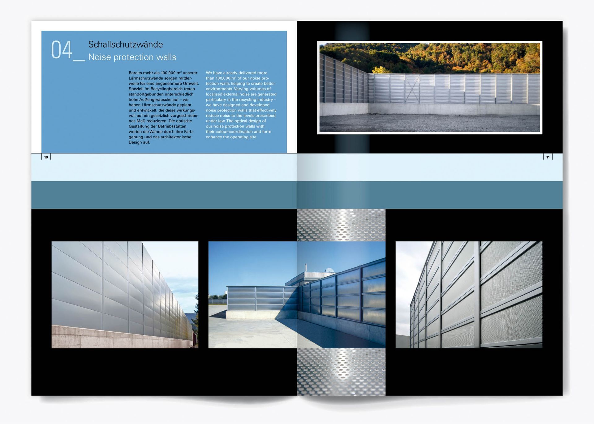 ilg Broschüre, Schallschutzwände ilg Broschüre, Doppelseite zum Thema Schallschutzwände, zweisprachiger Text, in deutscher und englischer Sprache, drei Fotos von Schallschutzwänden.