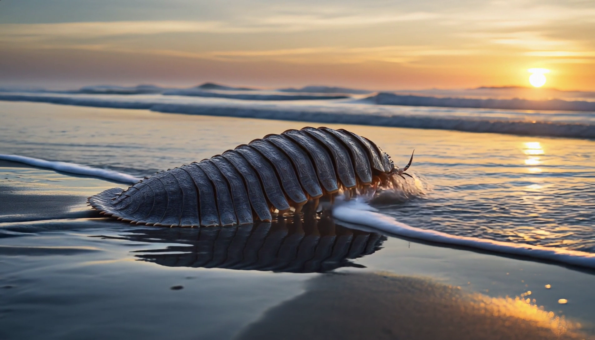 Pre dinosaur creation for documentary Cinematic VFX creature emerging on a beach with water simulation