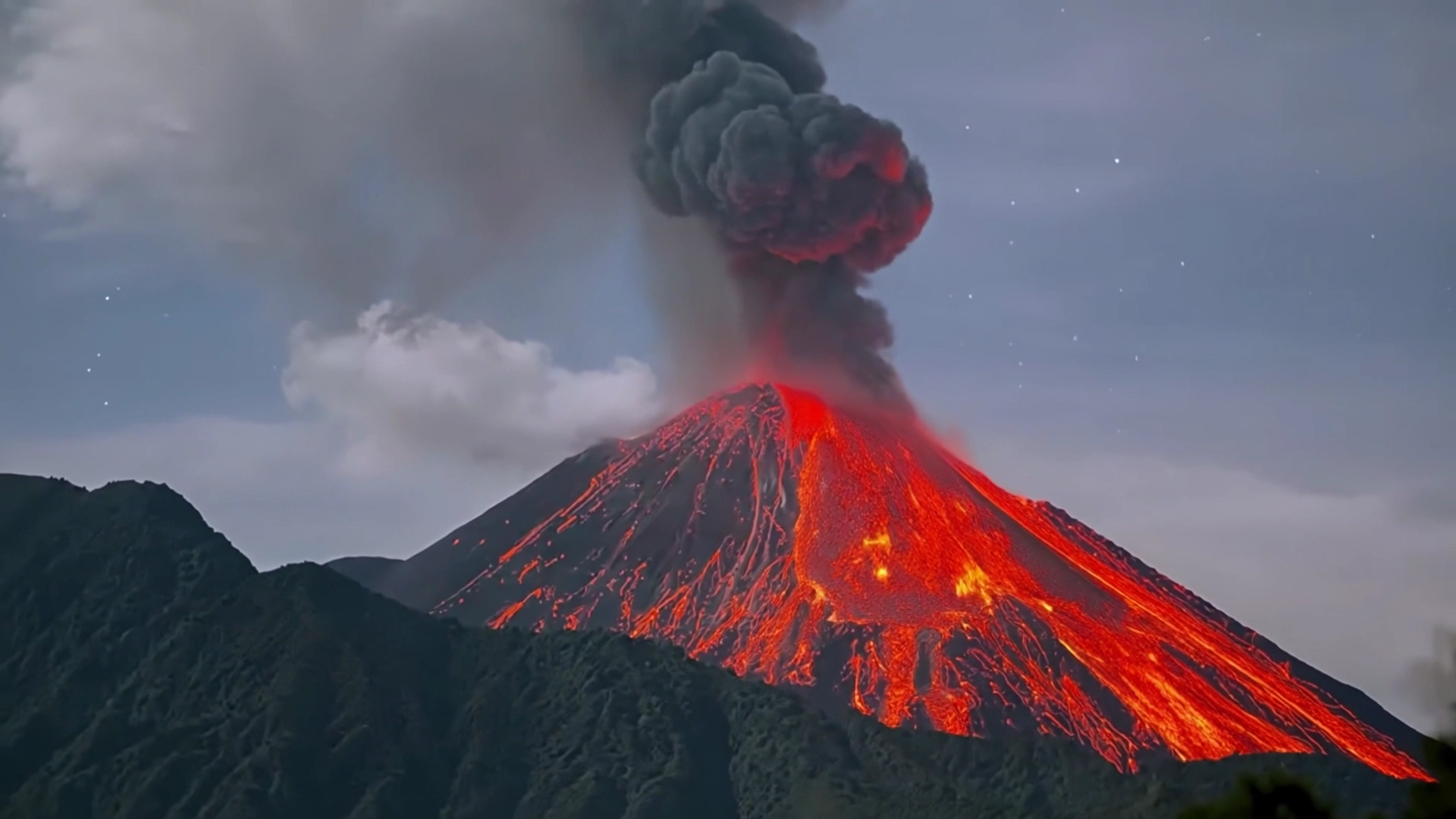 Visual effects volcano eruption with lava and volcanic smoke simulation Visual effects volcano eruption with lava and volcanic smoke simulation