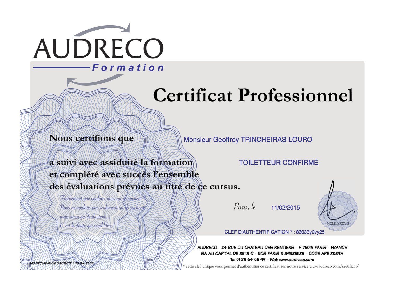 Geoffroy certifié par Audreco