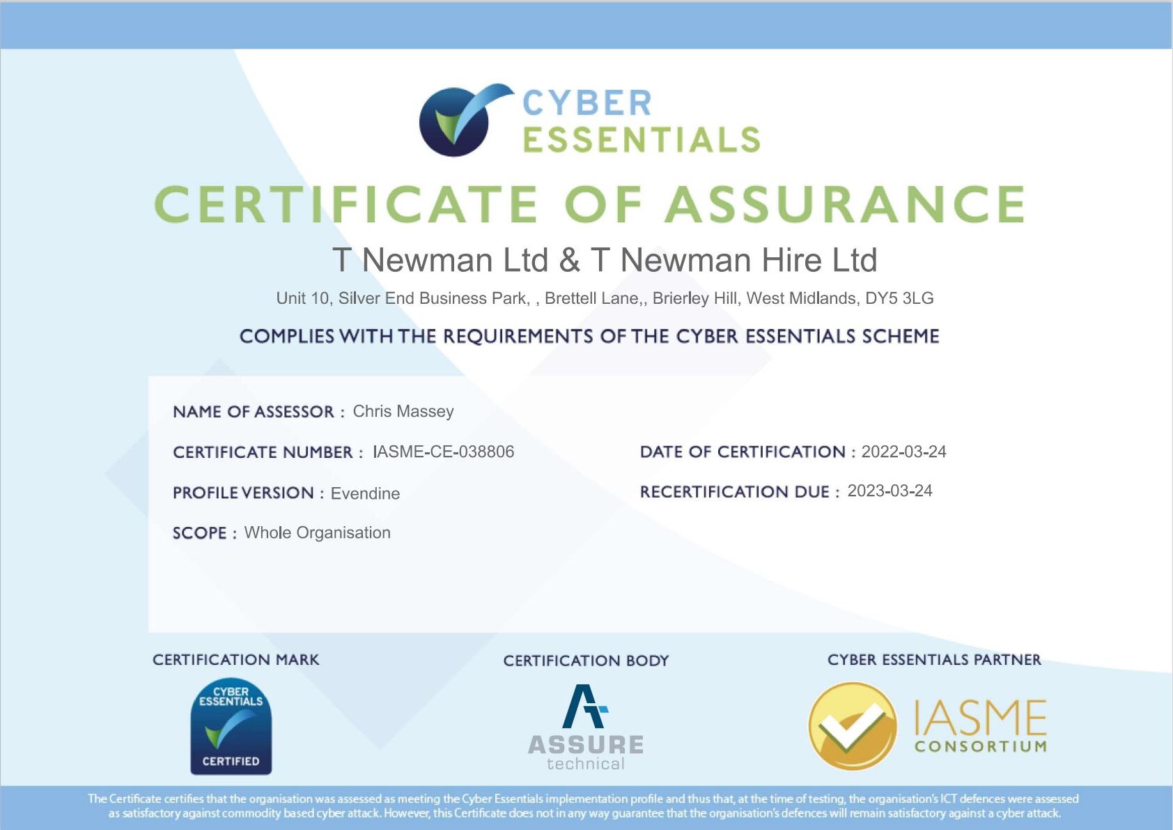 Certificate T Newman Ltd