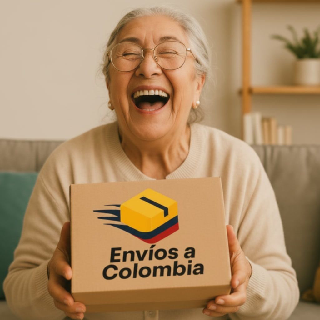 Abuela colombiana recibiendo su envío desde España