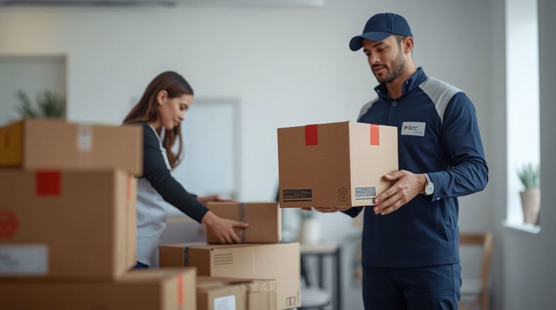 Responsable de oficina revisando cajas con un mensajero antes de la recogida