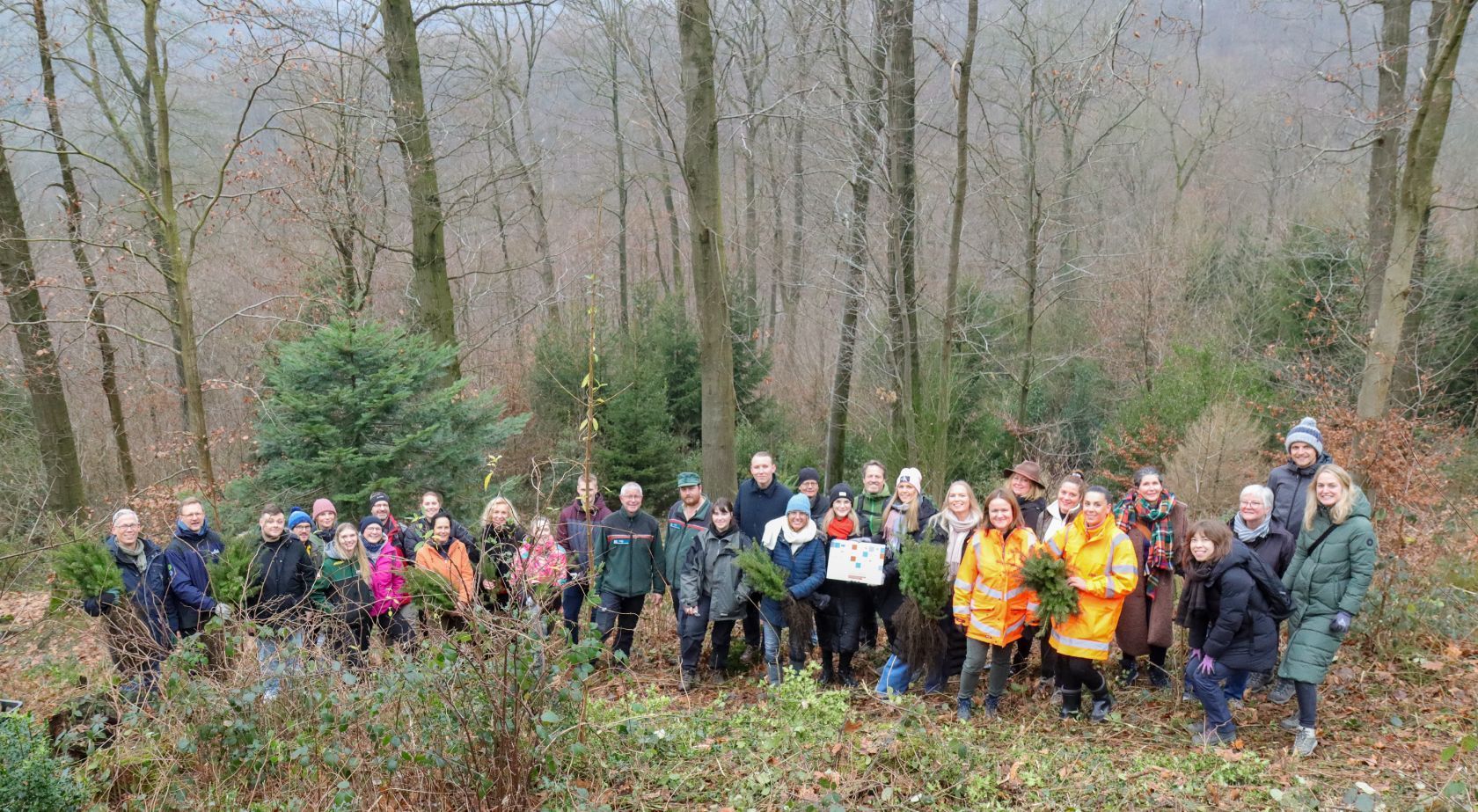 32 Teilnehmer des ZNH3 Kreises stehen im Wald nebeneinander und haben Douglasien - Setzlinge für die Baumpflanzaktion in der Hand