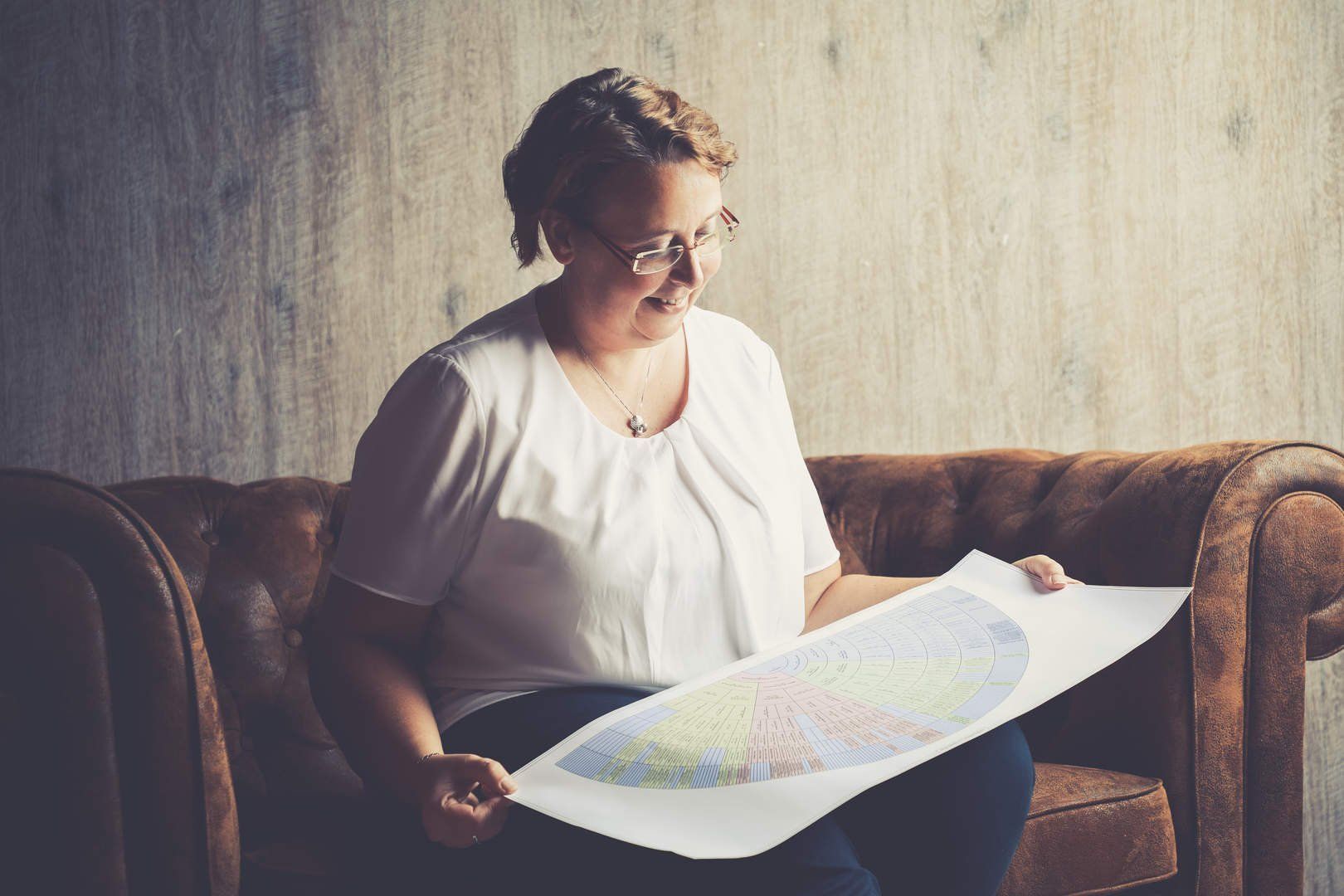 Claudia Stock with a family tree Claudia Stock, passionate genealogist, family search, family tree