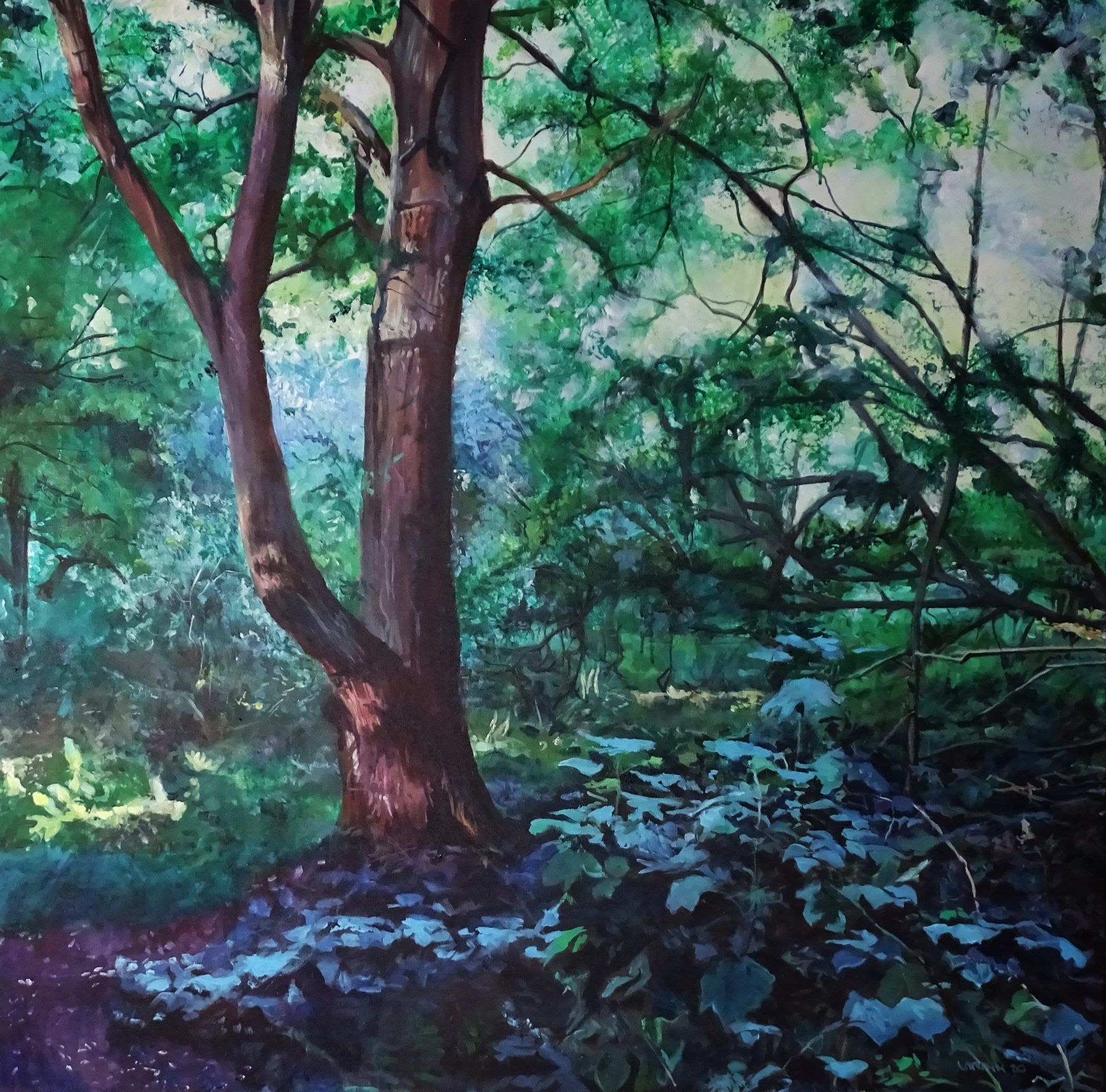 Large acrylic painting of woodlands clearing