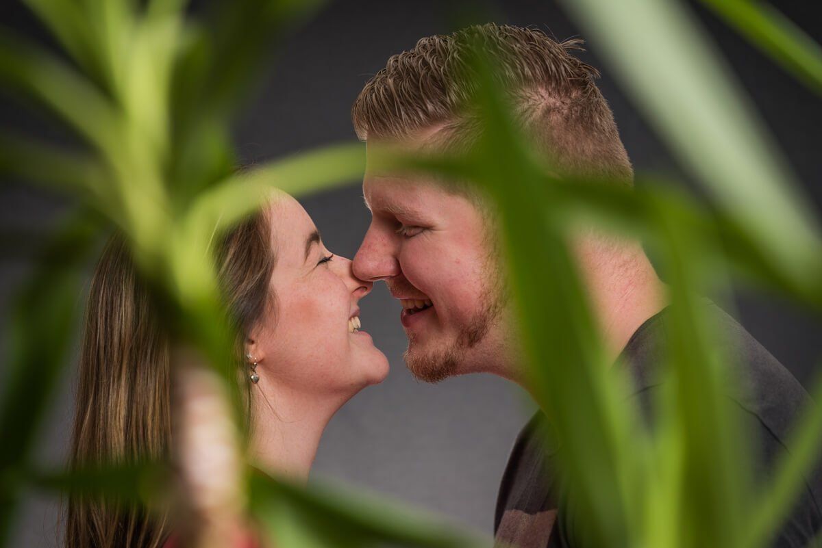 Junges Paar durch eine Palme fotografiert, welches sich anlächelt und die Nasen aneinander reibt.