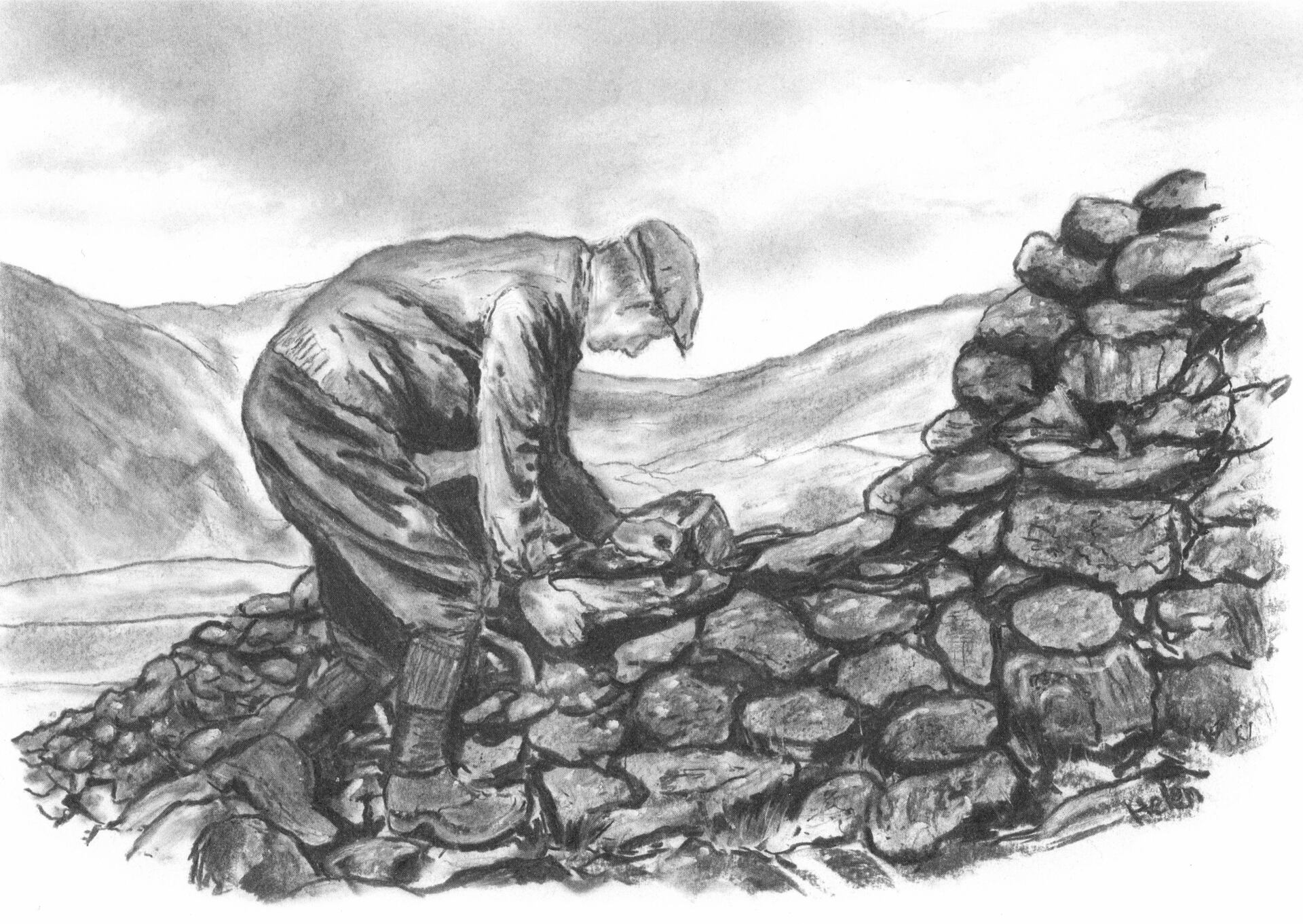 lake district art cumbria patterdale dry stone waller heritage farming graphite gallery charcoal graphite