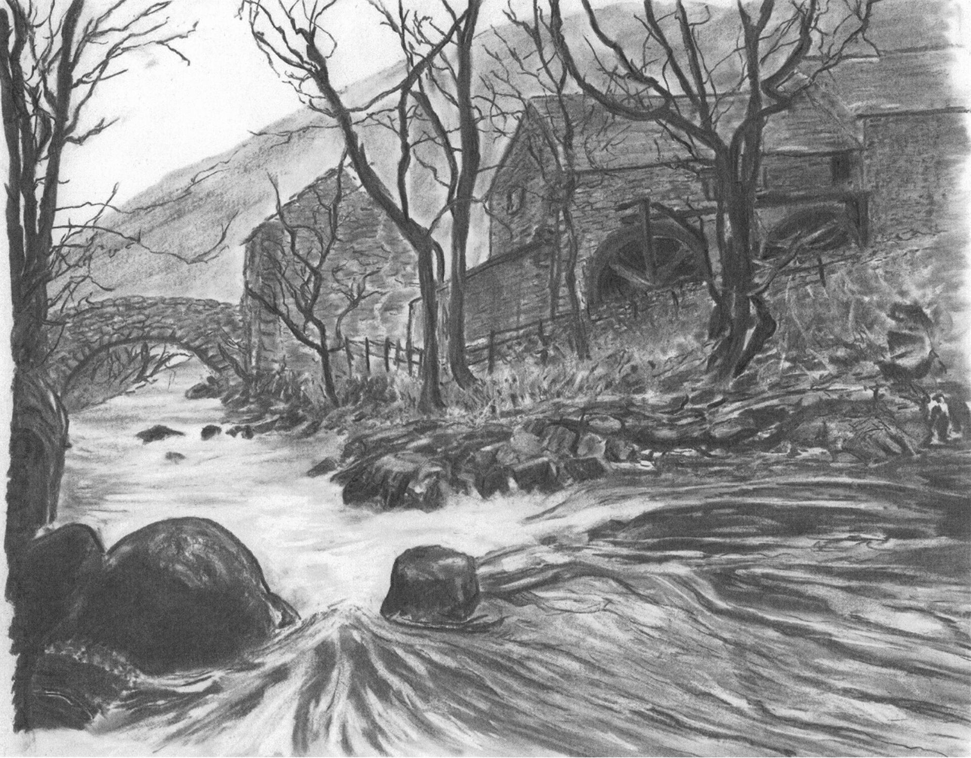 lake district art cumbria boot corn mill eskdale pack horse bridge scafell heritage graphite gallery graphite charcoal drawing